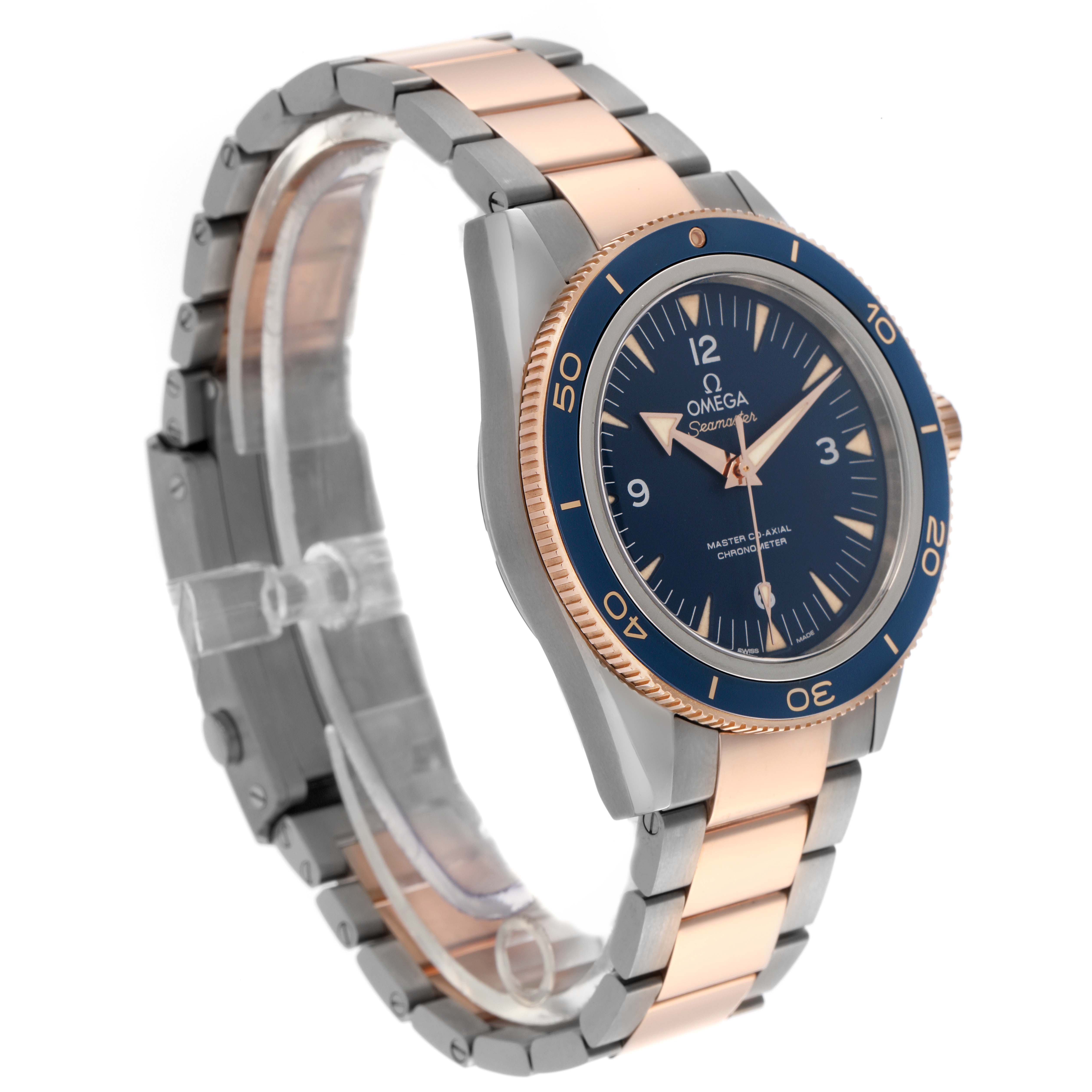 The Omega Seamaster 233.60.41.21.03.001 Men's Steel and Gold (two tone) Blue Dial 233.60.41.21.03.001 Men's Steel and Gold (two tone) Blue Dial watch is shown at a slight angle, highlighting its blue bezel, dial, rose gold accents, and metal bracelet.