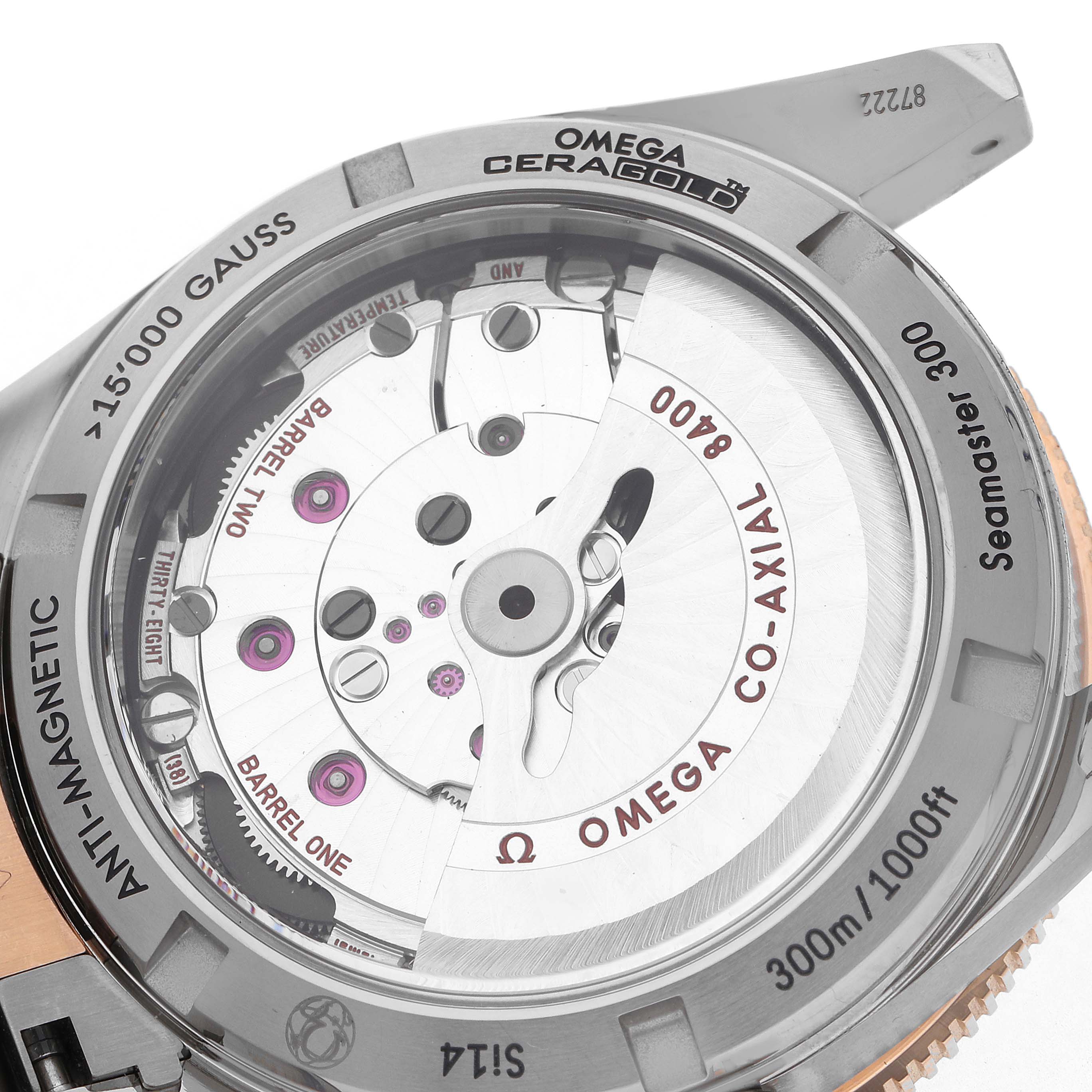 The image shows the case back of an Omega Seamaster 233.60.41.21.03.001 Men's Steel and Gold (two tone) Blue Dial 233.60.41.21.03.001 Men's Steel and Gold (two tone) Blue Dial, highlighting the Co-Axial movement and anti-magnetic features.