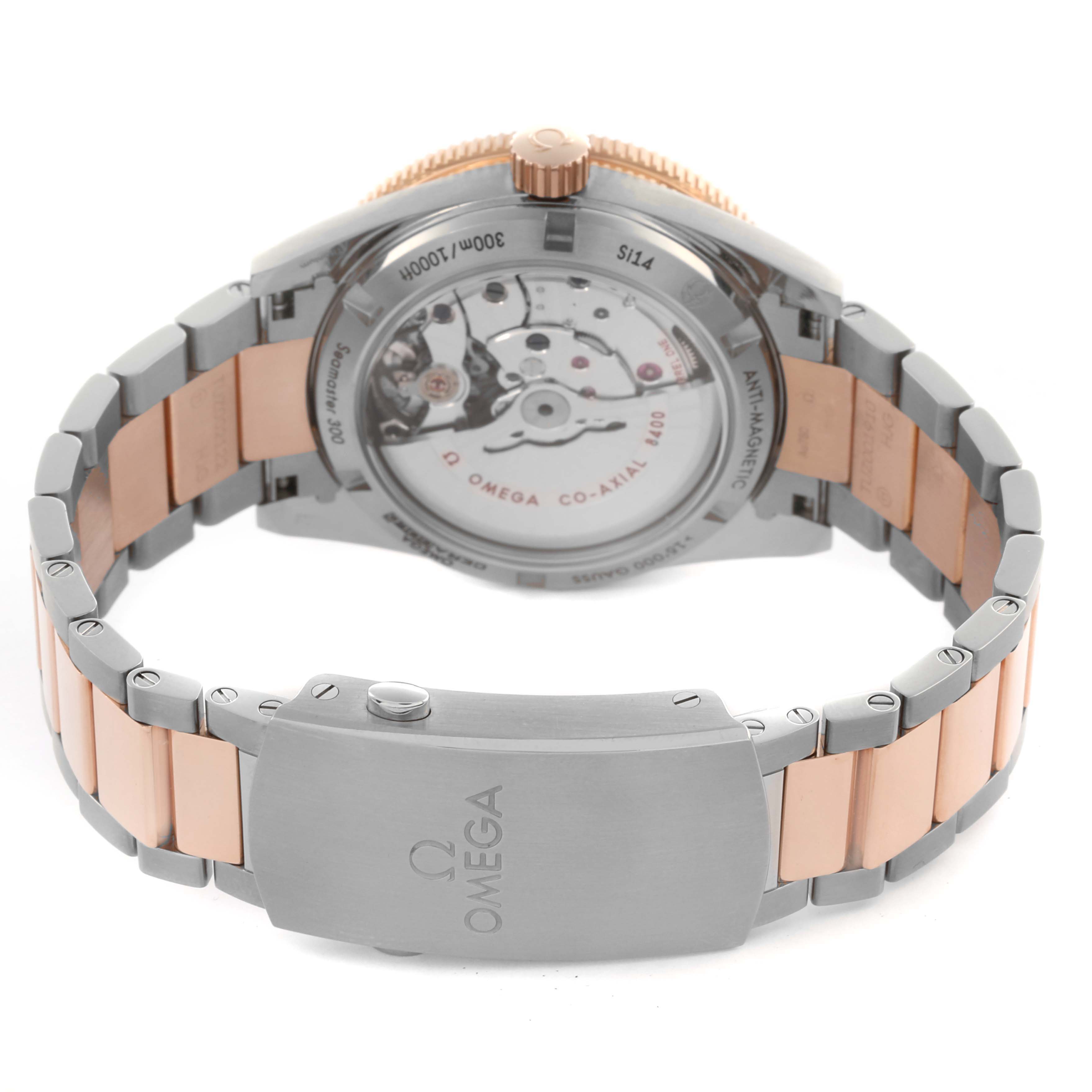 The Omega Seamaster 233.60.41.21.03.001 Men's Steel and Gold (two tone) Blue Dial 233.60.41.21.03.001 Men's Steel and Gold (two tone) Blue Dial watch is shown from the back, highlighting the movement and bracelet clasp.