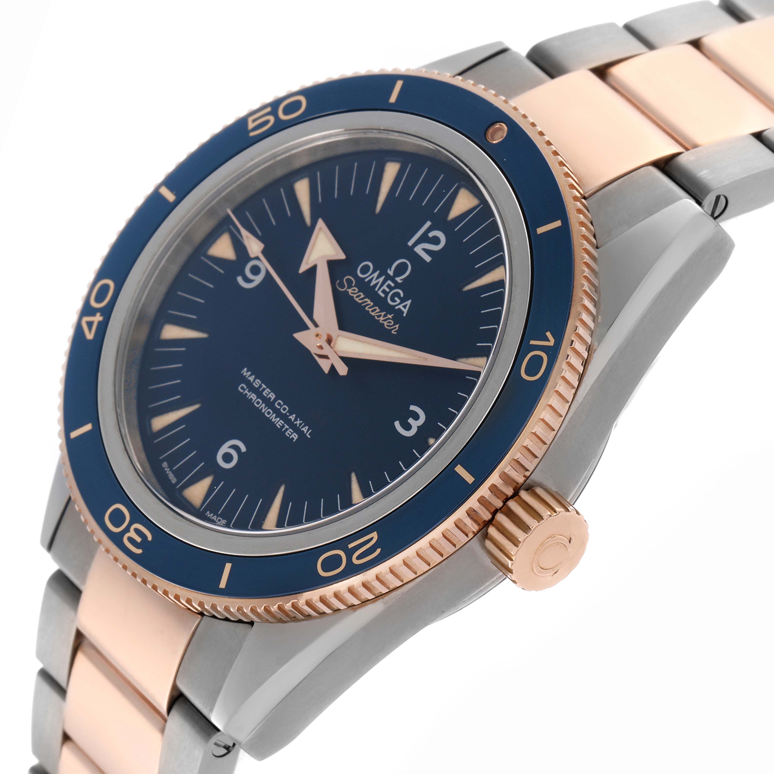 The Omega Seamaster 233.60.41.21.03.001 Men's Steel and Gold (two tone) Blue Dial 233.60.41.21.03.001 Men's Steel and Gold (two tone) Blue Dial watch is shown from a three-quarter angle, highlighting the bezel, dial, crown, and bracelet.