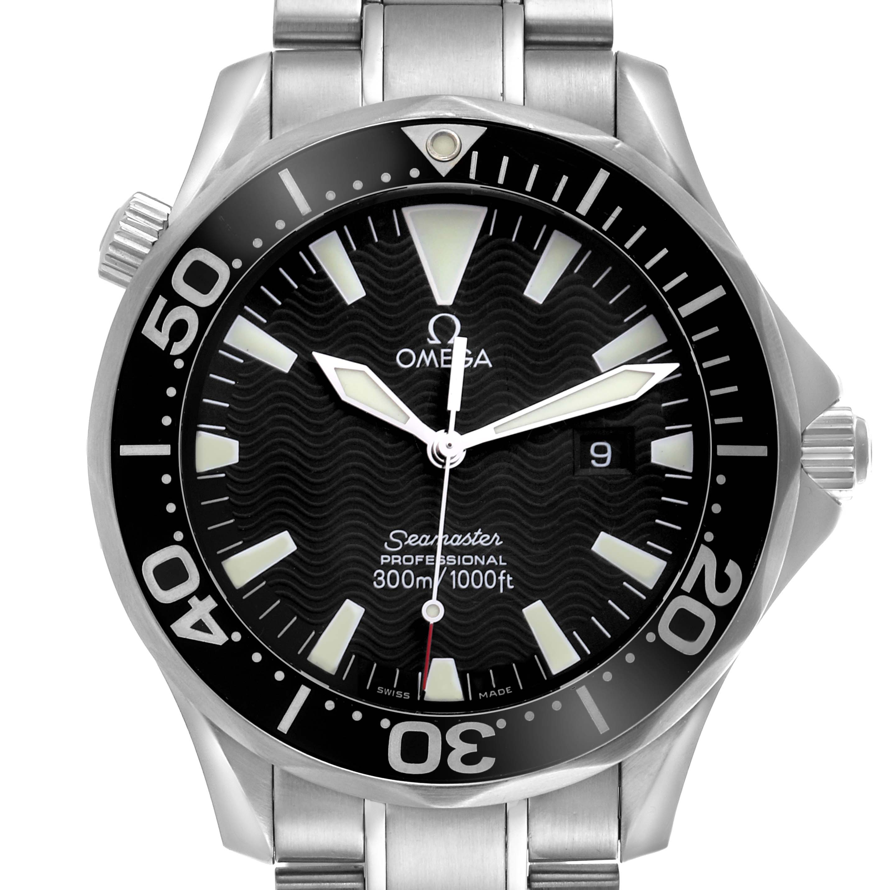 The Omega Seamaster 2264.50.00 Men
s Stainless Steel Black Dial 2264.50.00 Men
s Stainless Steel Black Dial watch is shown from a front angle, highlighting the dial, bezel, and a portion of the bracelet.