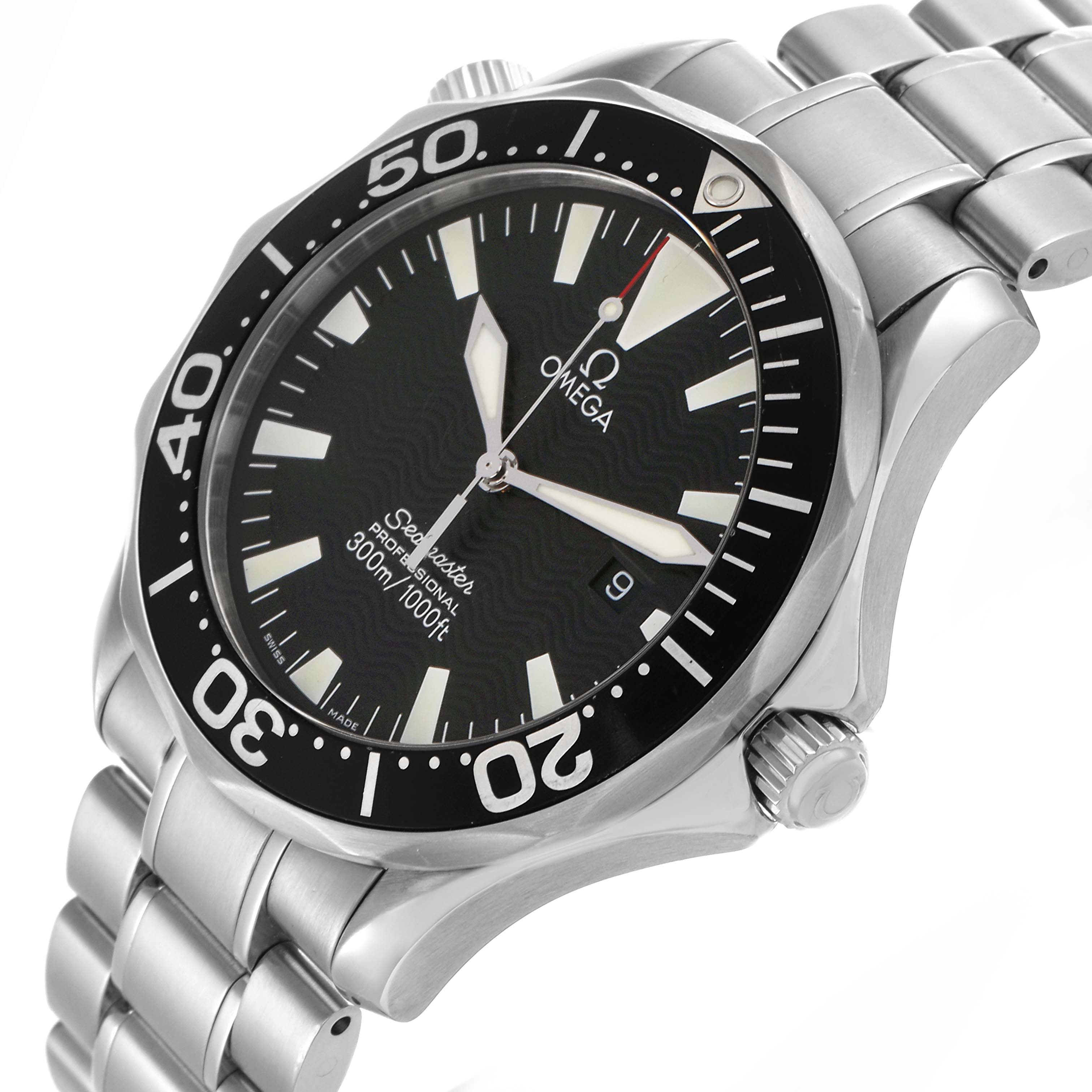 The Omega Seamaster 2264.50.00 Men
s Stainless Steel Black Dial 2264.50.00 Men
s Stainless Steel Black Dial watch is shown at a three-quarter angle, featuring the face, bezel, crown, and metal bracelet.