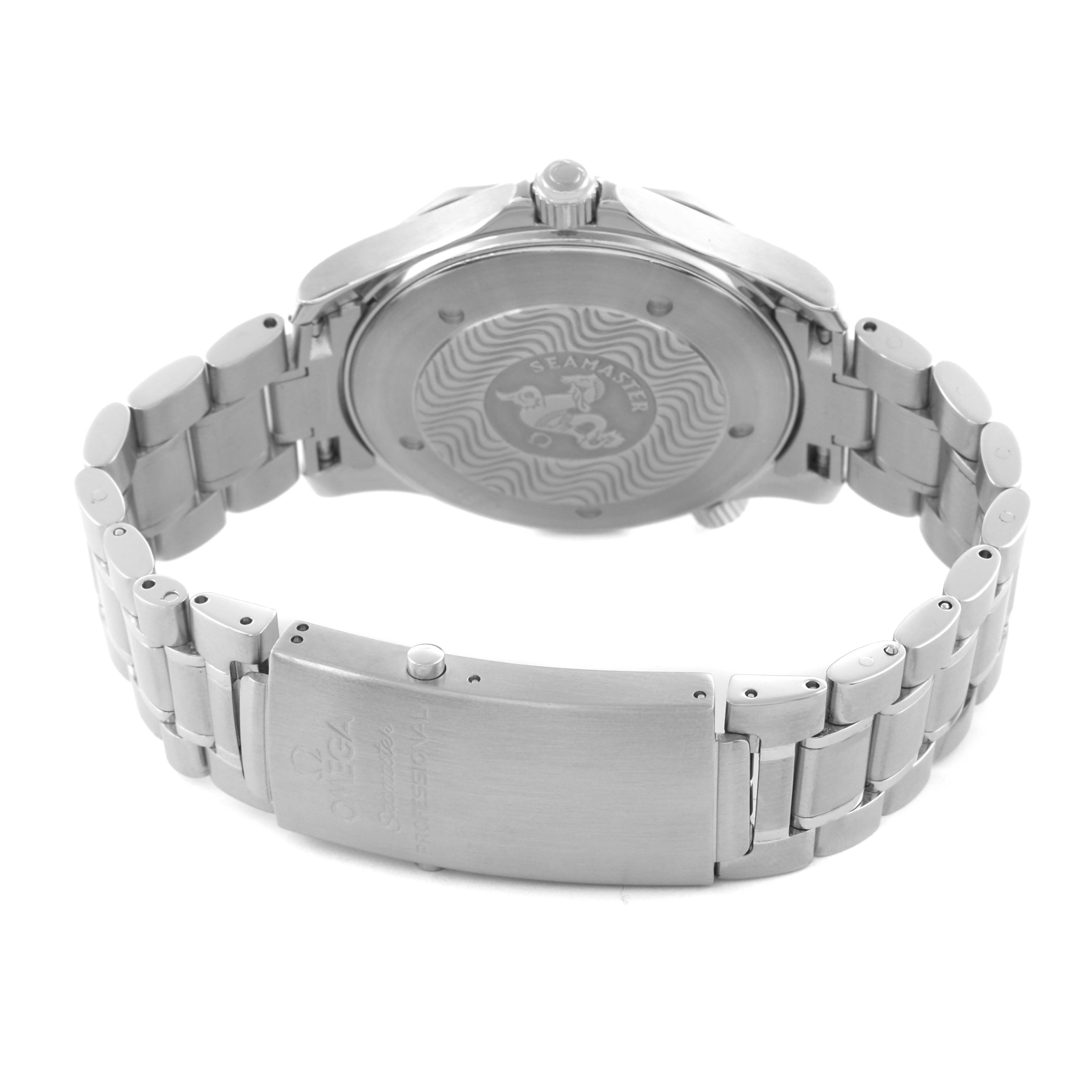 The image shows the back of the Omega Seamaster 2264.50.00 Men
s Stainless Steel Black Dial 2264.50.00 Men
s Stainless Steel Black Dial watch and its metal bracelet, highlighting the case back and clasp.