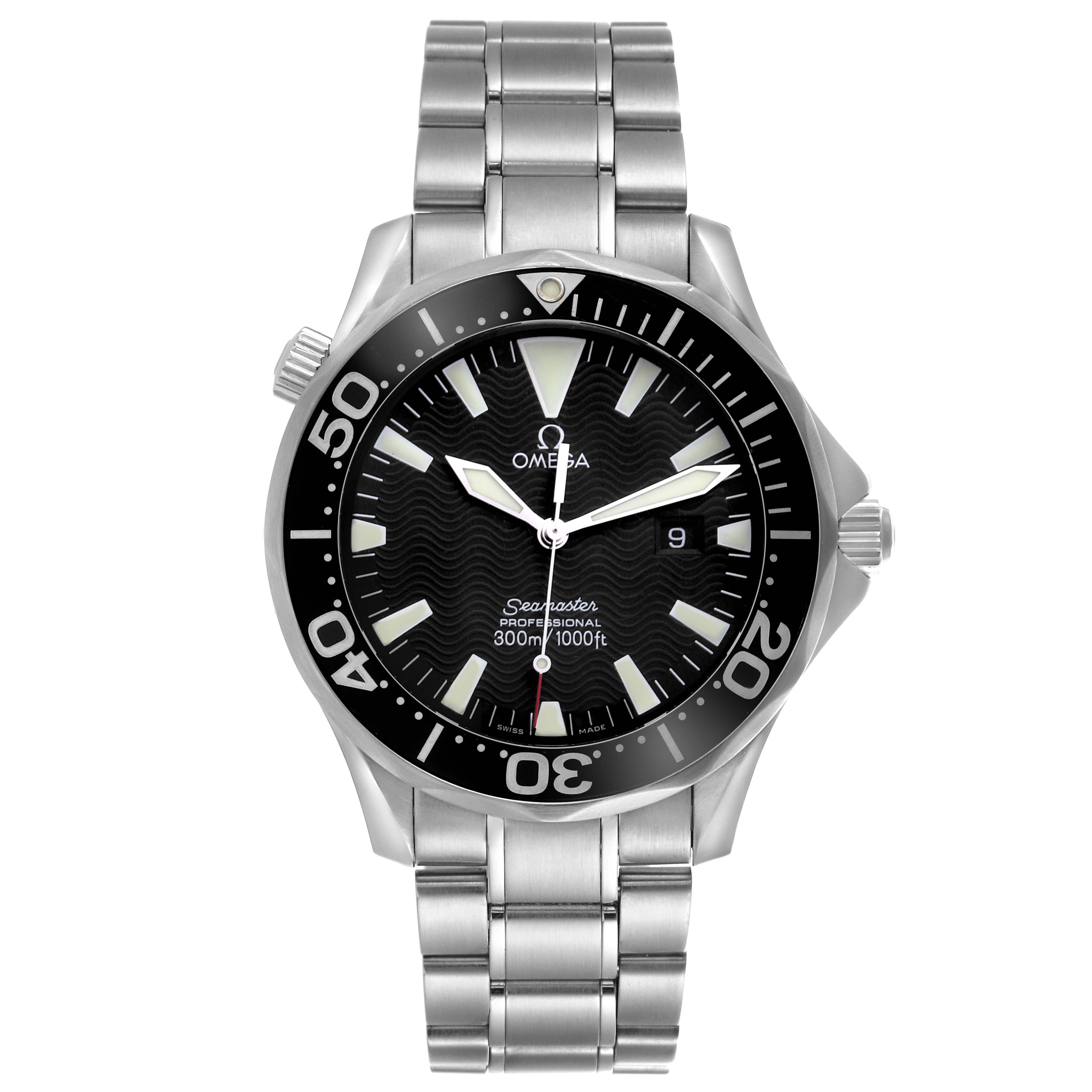 The Omega Seamaster 2264.50.00 Men
s Stainless Steel Black Dial 2264.50.00 Men
s Stainless Steel Black Dial watch is shown from a direct front angle, highlighting its face, bezel, and metal bracelet.