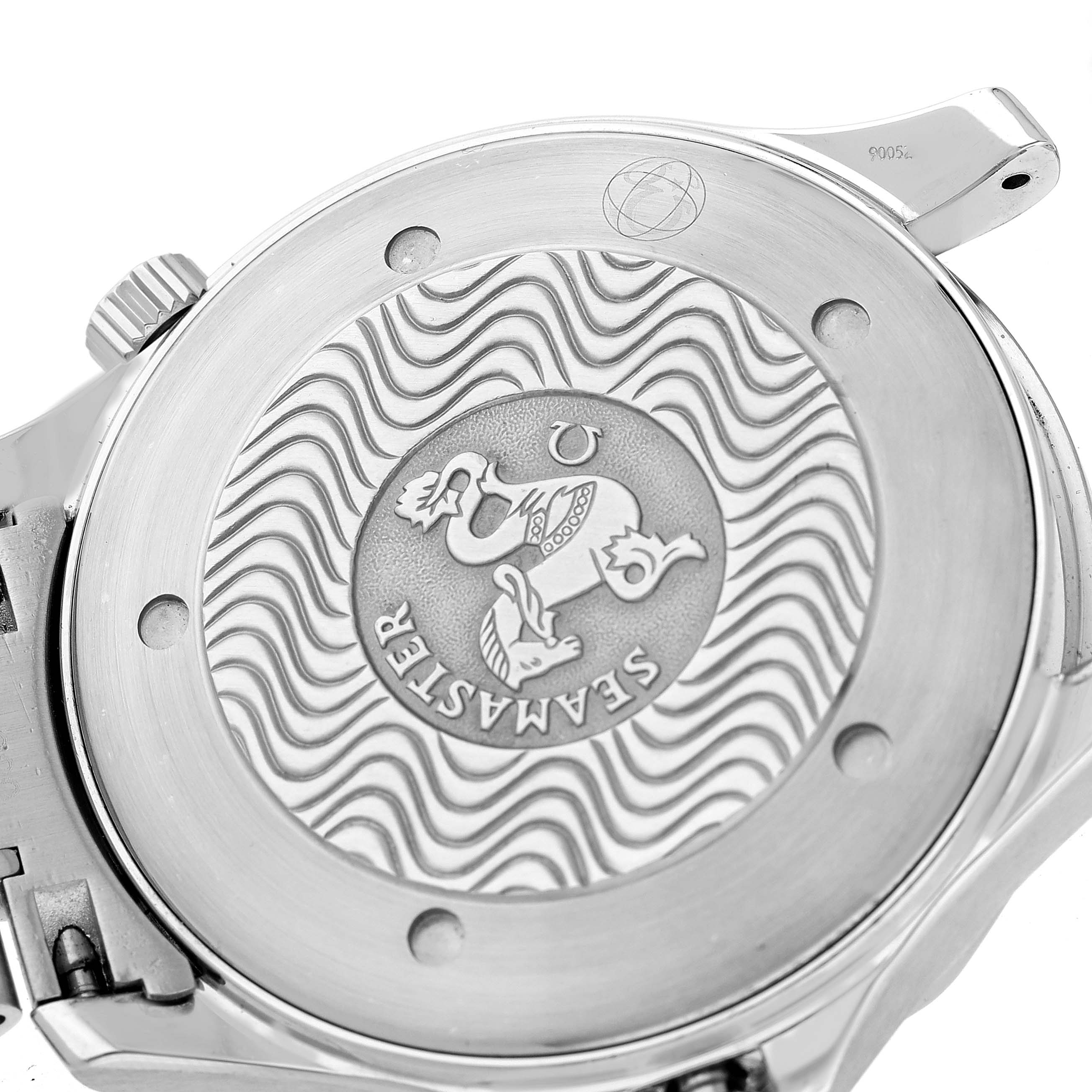 The image shows the back of an Omega Seamaster 2264.50.00 Men
s Stainless Steel Black Dial 2264.50.00 Men
s Stainless Steel Black Dial watch with the brand
s emblem and wavy pattern.