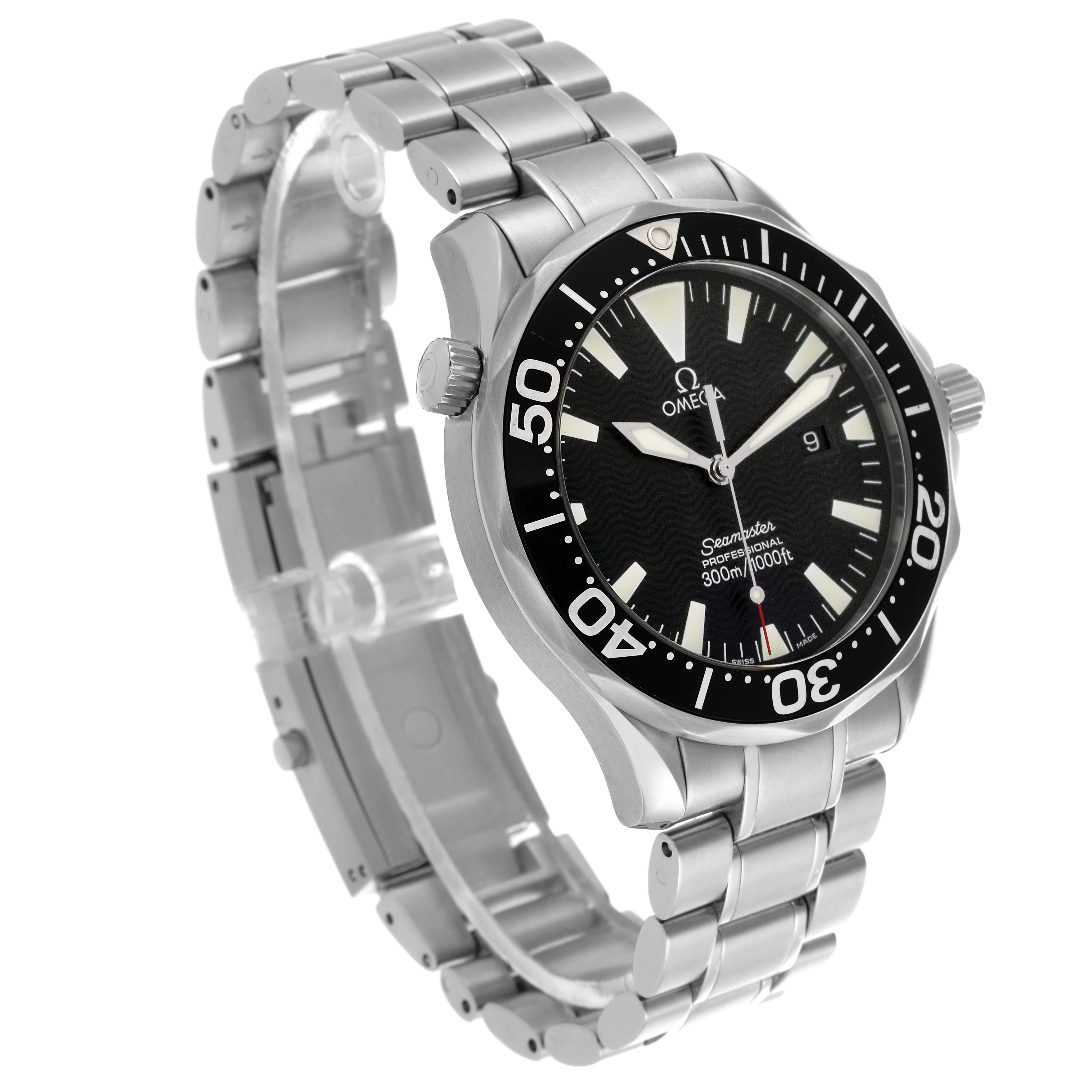 The Omega Seamaster 2264.50.00 Men
s Stainless Steel Black Dial 2264.50.00 Men
s Stainless Steel Black Dial watch is shown at a three-quarter angle, displaying the face, bezel, dial, and stainless steel bracelet.