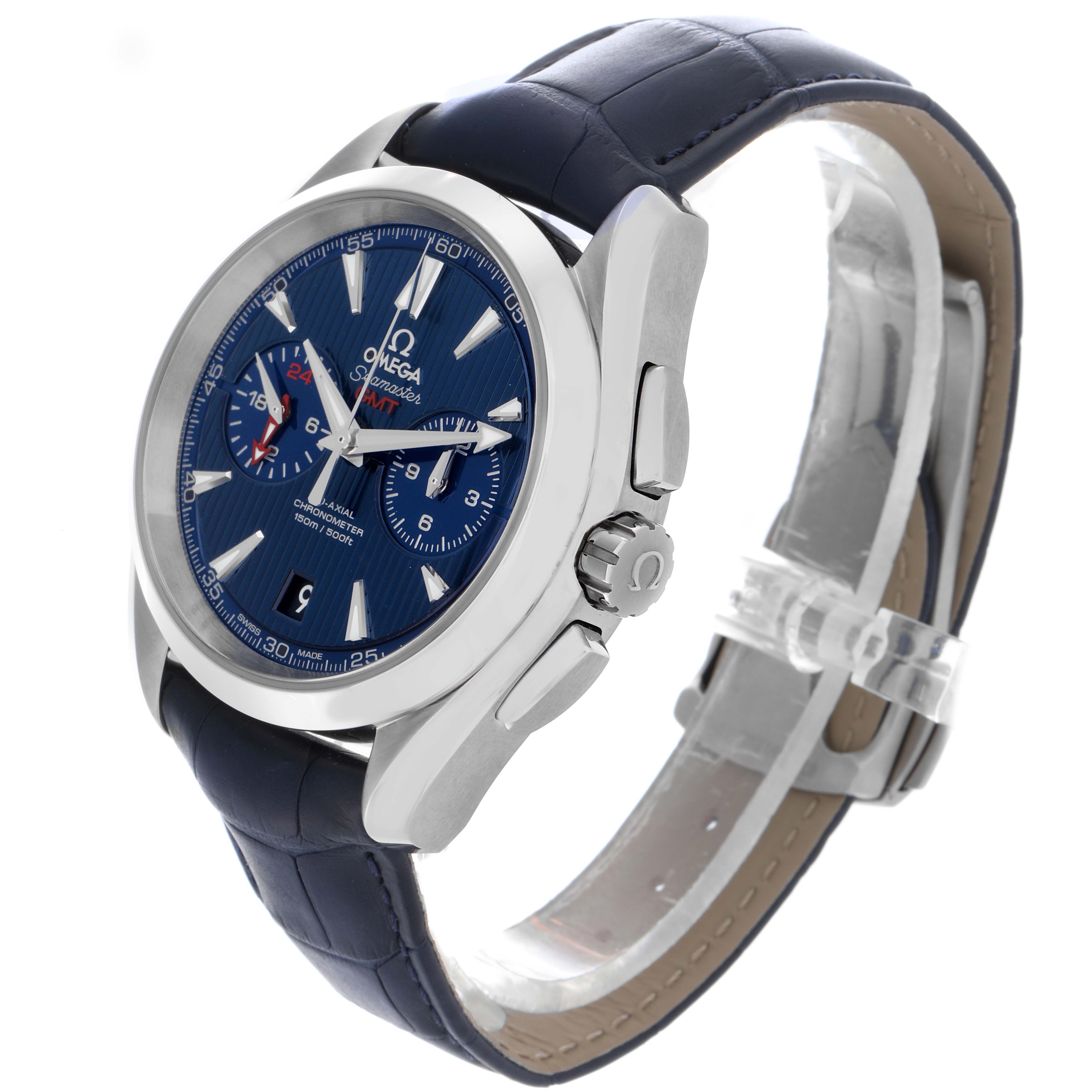 The Omega Aqua Terra 231.13.43.52.03.001 Men's Stainless Steel Blue Dial 231.13.43.52.03.001 Men's Stainless Steel Blue Dial watch is shown at a three-quarter angle, highlighting the face, crown, and blue strap.