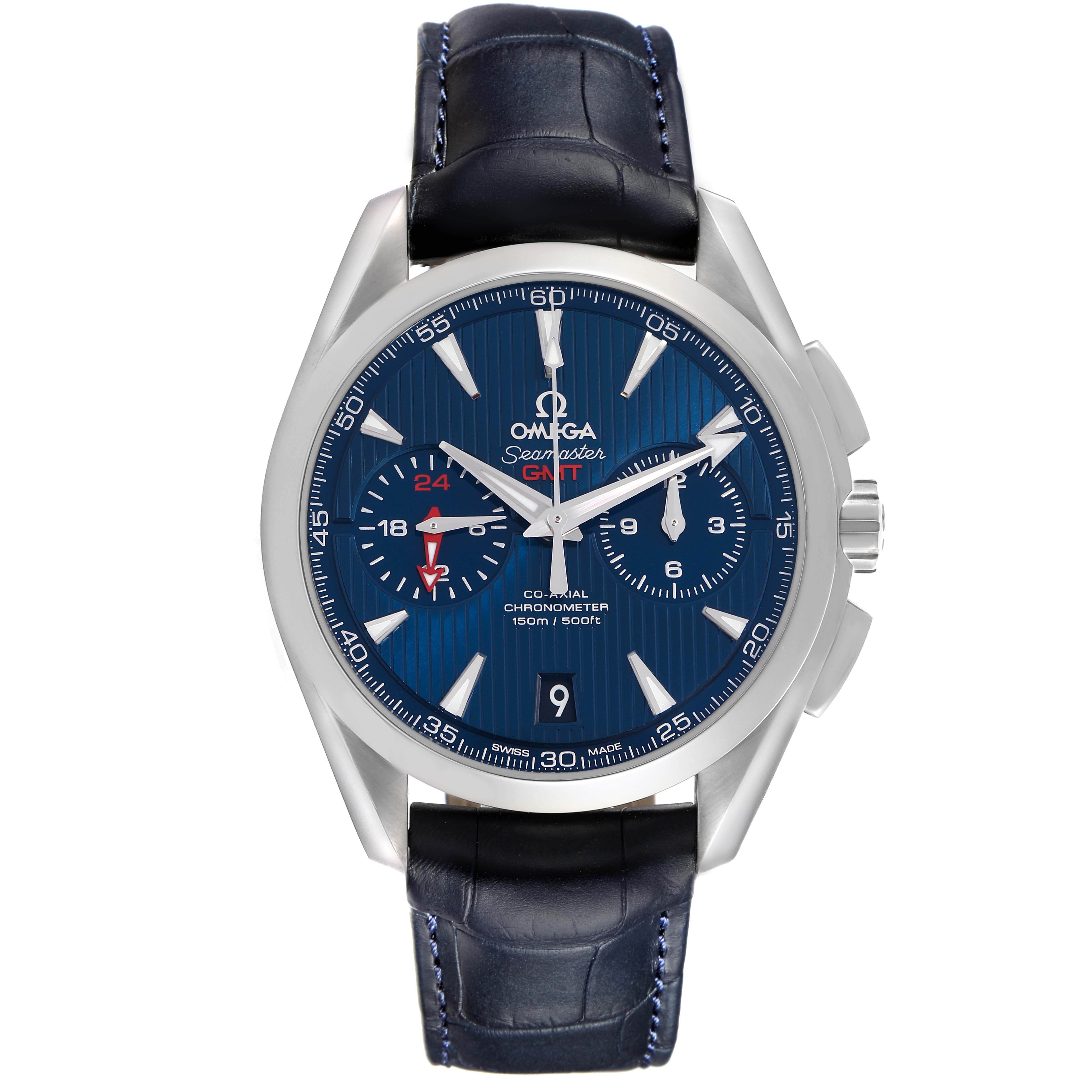 The Omega Aqua Terra 231.13.43.52.03.001 Men's Stainless Steel Blue Dial 231.13.43.52.03.001 Men's Stainless Steel Blue Dial watch is shown from the front, highlighting the blue dial, subdials, and leather strap.