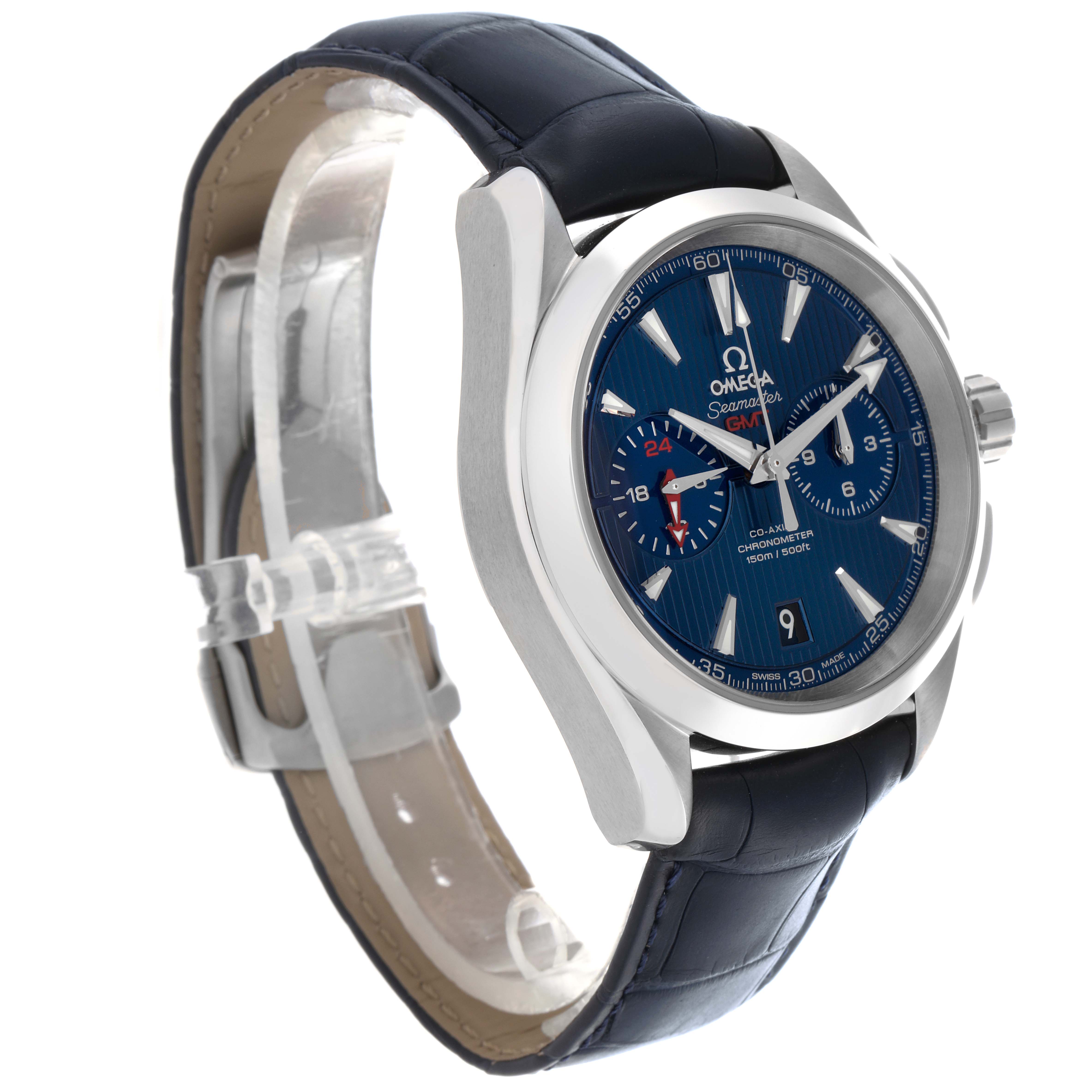 The Omega Aqua Terra 231.13.43.52.03.001 Men's Stainless Steel Blue Dial 231.13.43.52.03.001 Men's Stainless Steel Blue Dial watch is shown from a front-left angle, highlighting the dial, case, and strap.