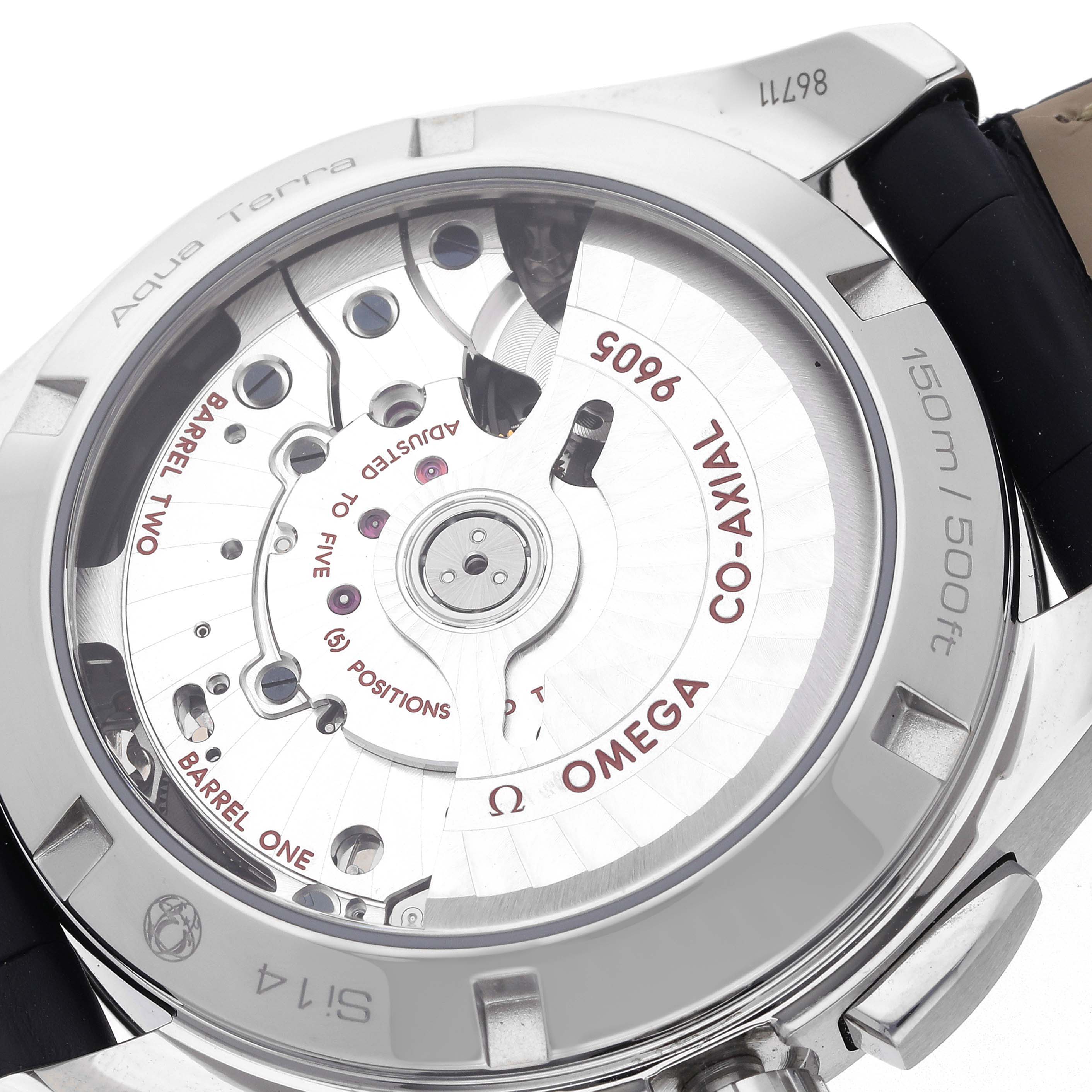 The image shows the back of the Omega Aqua Terra 231.13.43.52.03.001 Men's Stainless Steel Blue Dial 231.13.43.52.03.001 Men's Stainless Steel Blue Dial watch, highlighting its Co-Axial movement and rotor details.