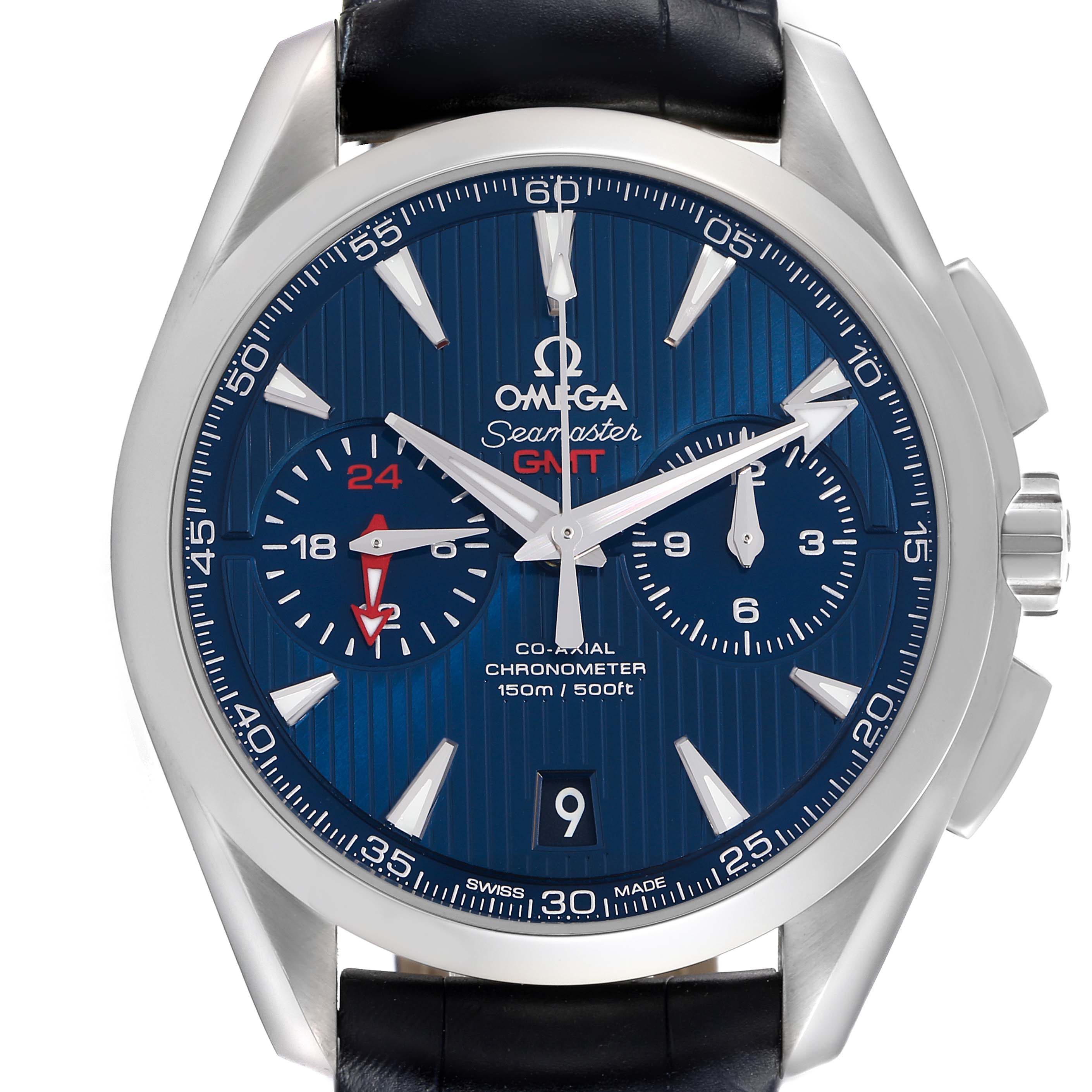 The Omega Aqua Terra 231.13.43.52.03.001 Men's Stainless Steel Blue Dial 231.13.43.52.03.001 Men's Stainless Steel Blue Dial is shown from the front, displaying its blue dial, hour markers, hands, subdials, and crown.