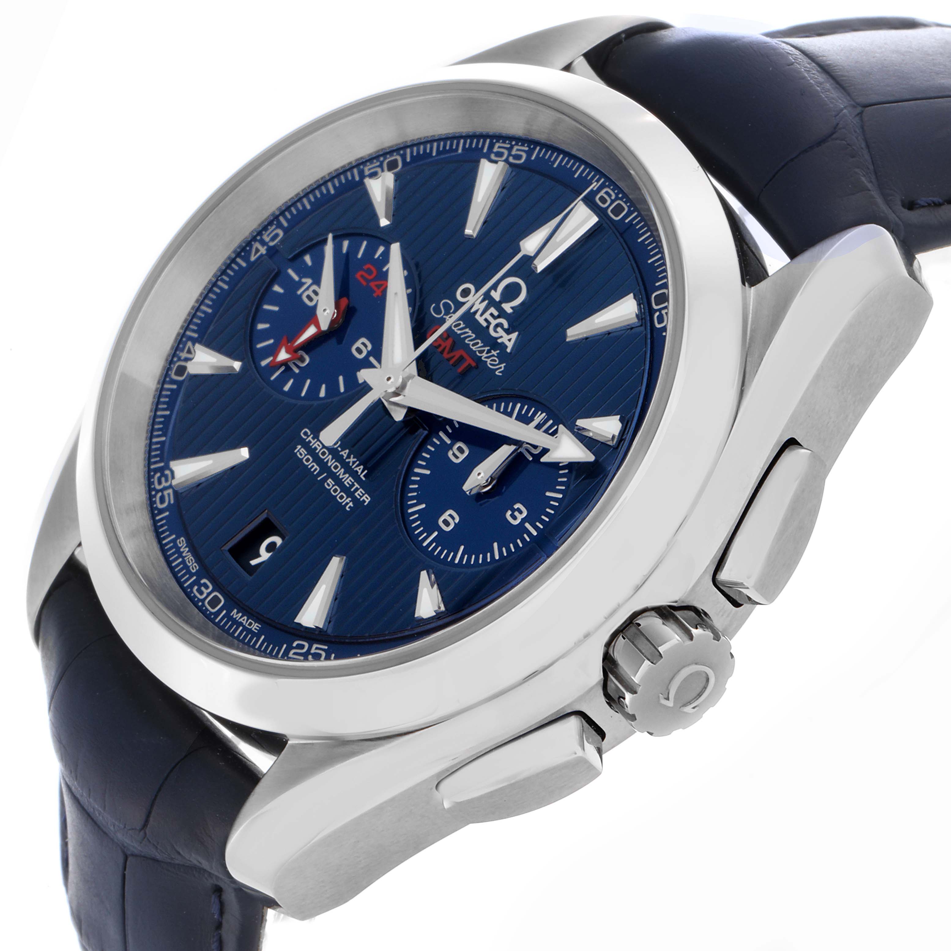 The Omega Aqua Terra 231.13.43.52.03.001 Men's Stainless Steel Blue Dial 231.13.43.52.03.001 Men's Stainless Steel Blue Dial watch is shown at a slight angle, displaying its blue dial, chronograph sub-dials, and crown.