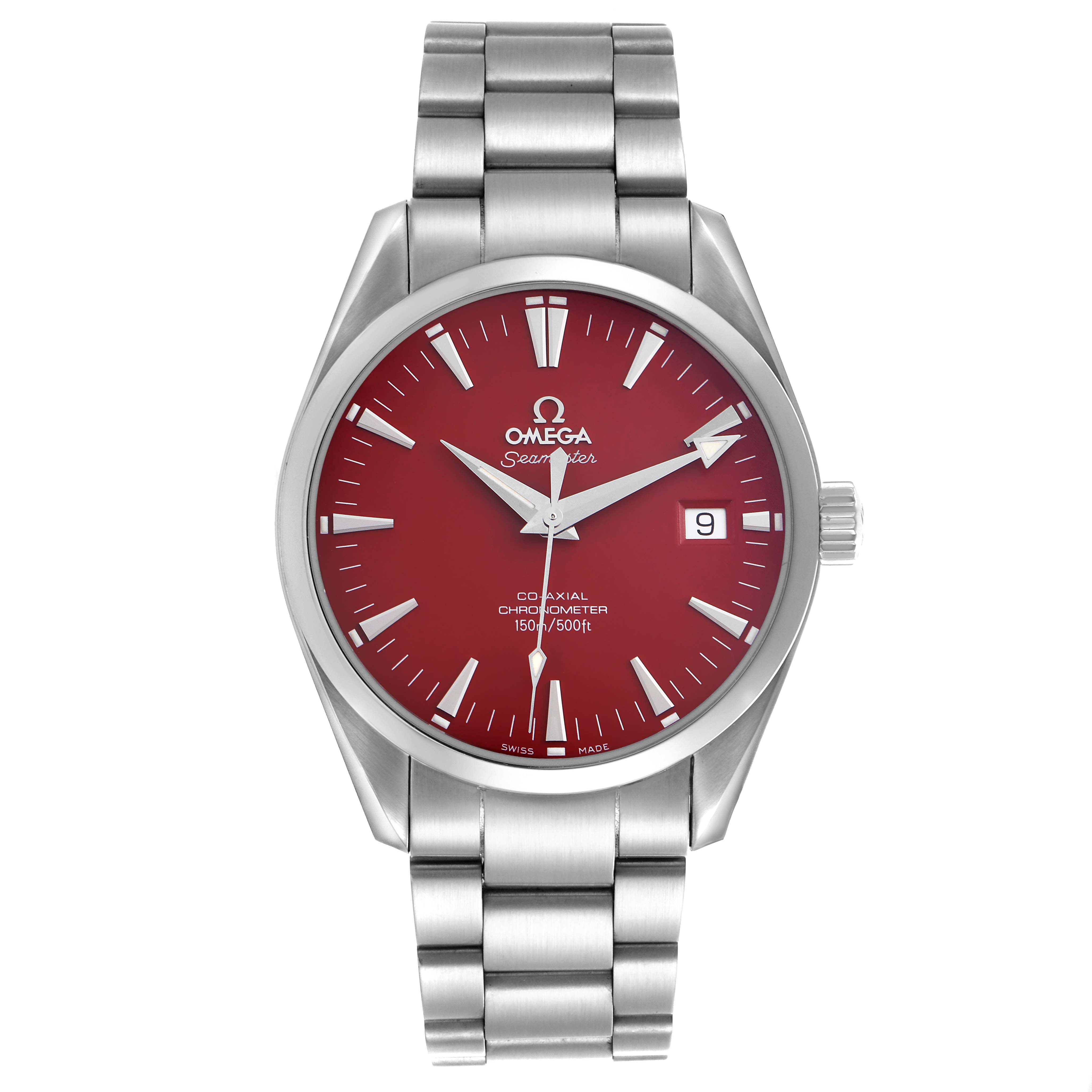The Omega Aqua Terra 2503.60.00 Men
s Stainless Steel Red Dial 2503.60.00 Men
s Stainless Steel Red Dial watch is shown from a front view, displaying its red dial and metal bracelet.
