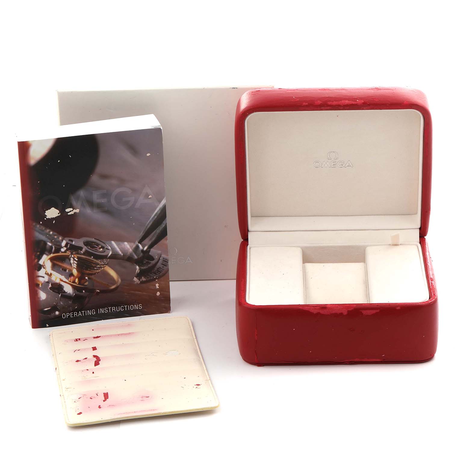The image shows an Omega Aqua Terra 2503.60.00 Men
s Stainless Steel Red Dial 2503.60.00 Men
s Stainless Steel Red Dial watch box, operating instructions, and a card holder.