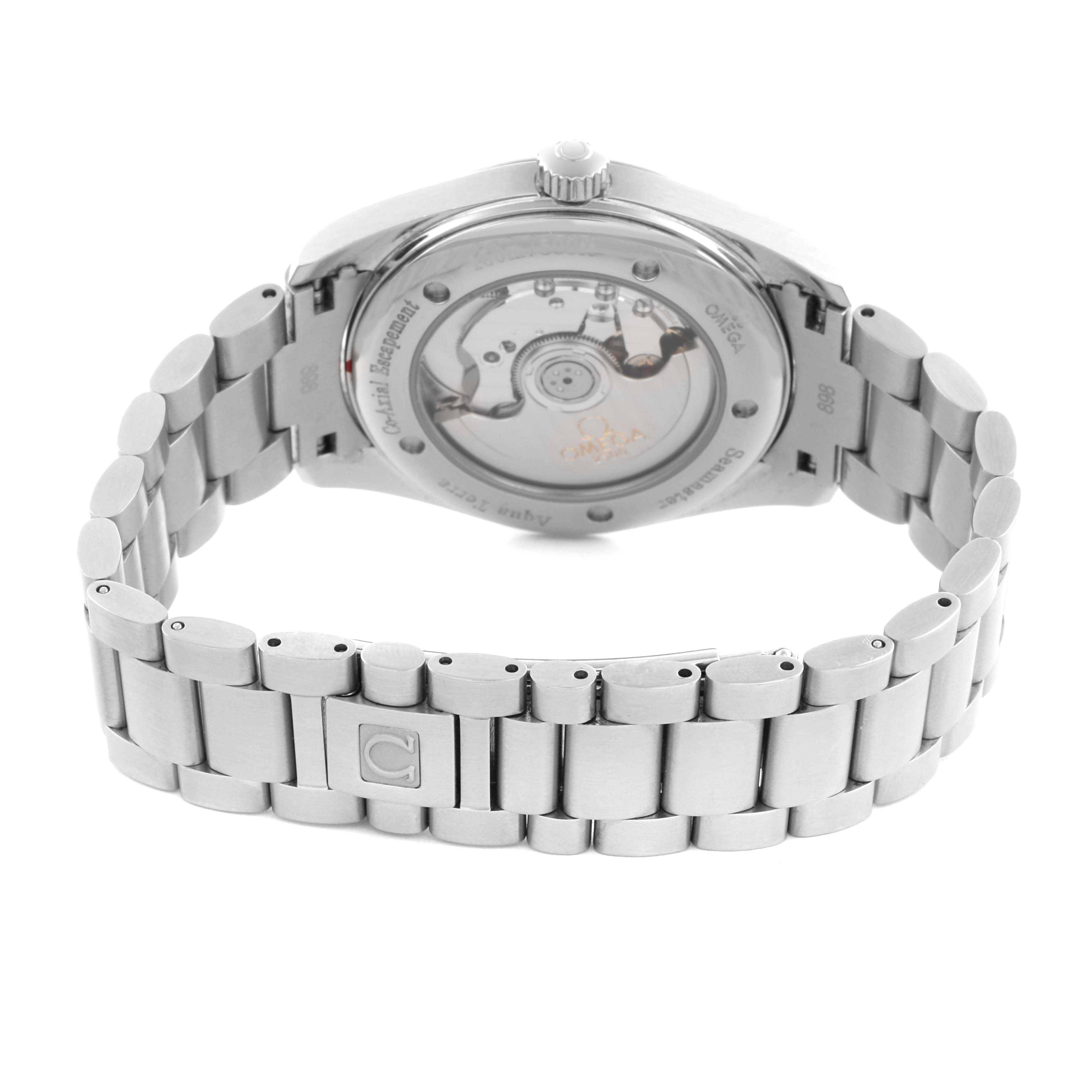 The image shows the back view of the Omega Aqua Terra 2503.60.00 Men
s Stainless Steel Red Dial 2503.60.00 Men
s Stainless Steel Red Dial watch, highlighting the open case back and stainless steel bracelet.