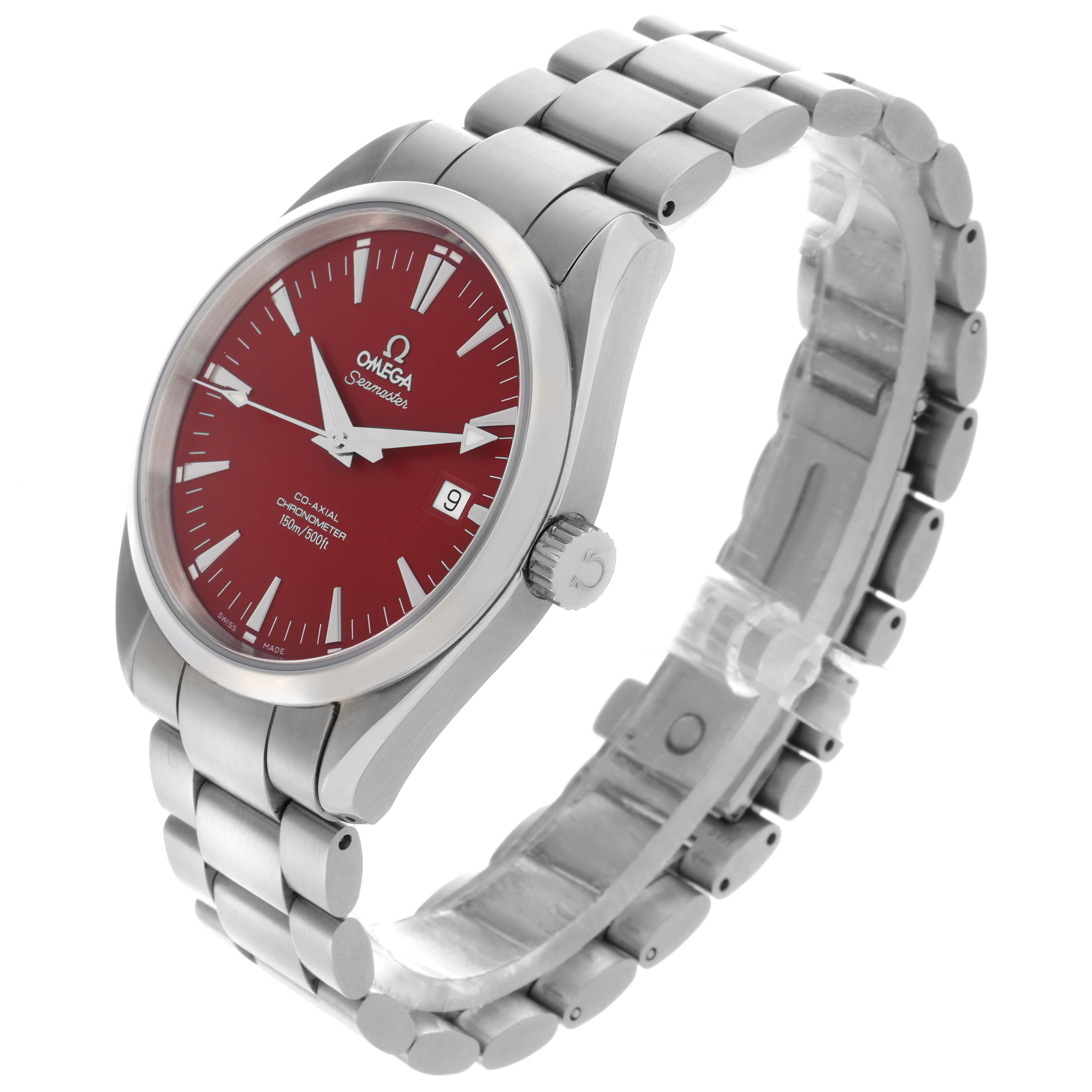 The Omega Aqua Terra 2503.60.00 Men
s Stainless Steel Red Dial 2503.60.00 Men
s Stainless Steel Red Dial watch is shown at a three-quarter angle, highlighting the red dial, date window, and stainless steel bracelet.