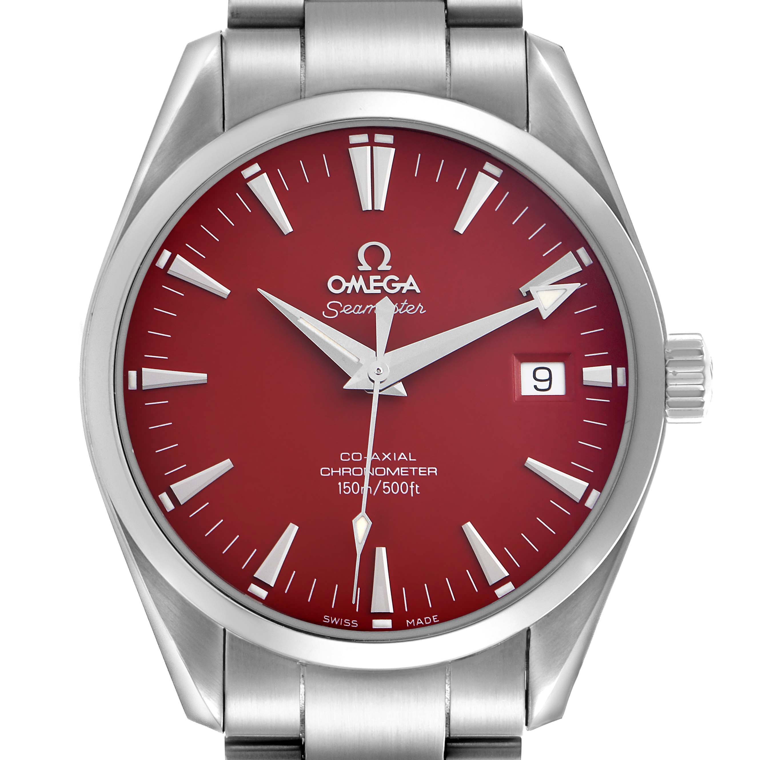 The Omega Aqua Terra 2503.60.00 Men
s Stainless Steel Red Dial 2503.60.00 Men
s Stainless Steel Red Dial watch is shown from the front, displaying the red dial, hands, date window, and part of the bracelet.