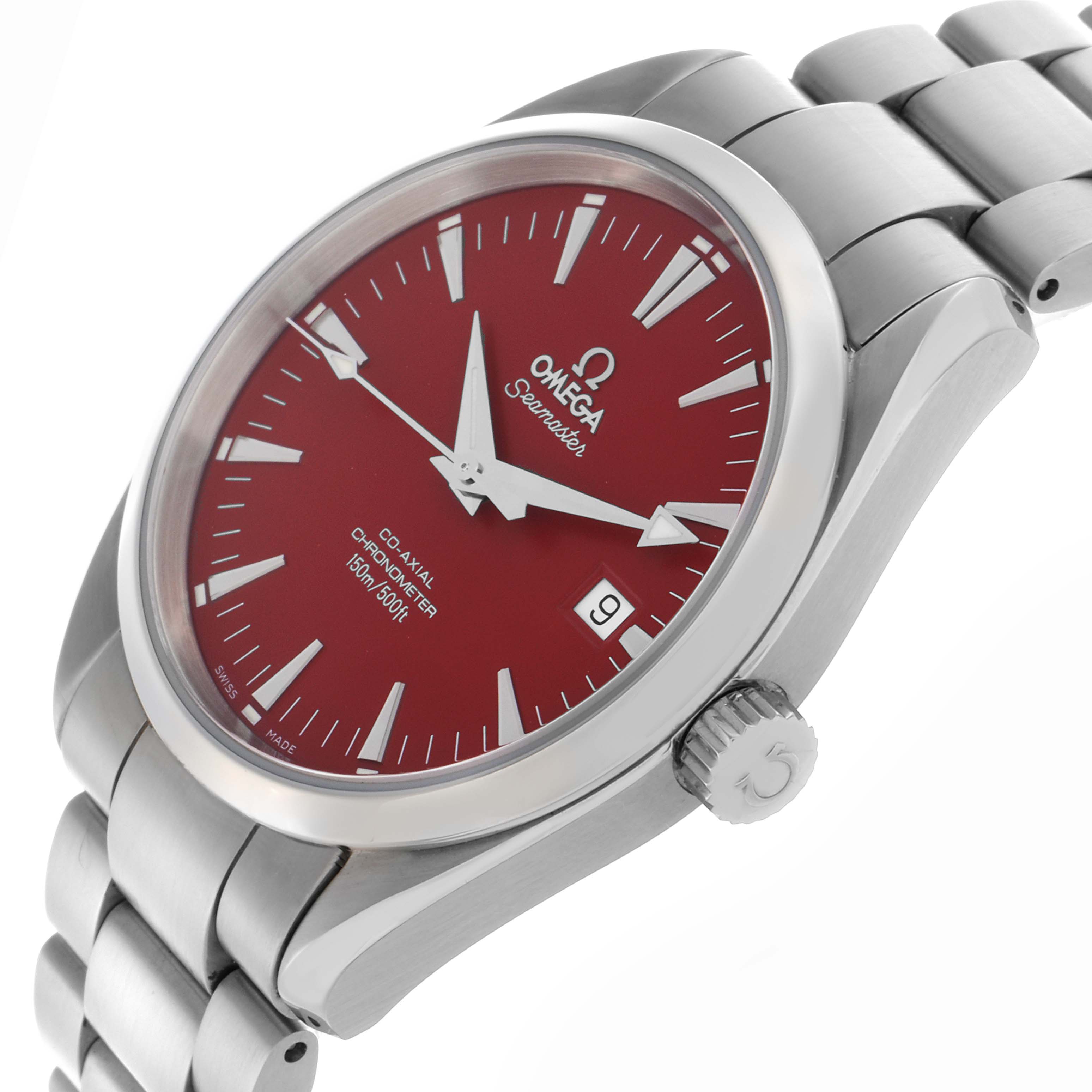 The Omega Aqua Terra 2503.60.00 Men
s Stainless Steel Red Dial 2503.60.00 Men
s Stainless Steel Red Dial watch is shown from a side angle, highlighting the red dial, hands, date window, and stainless steel bracelet.