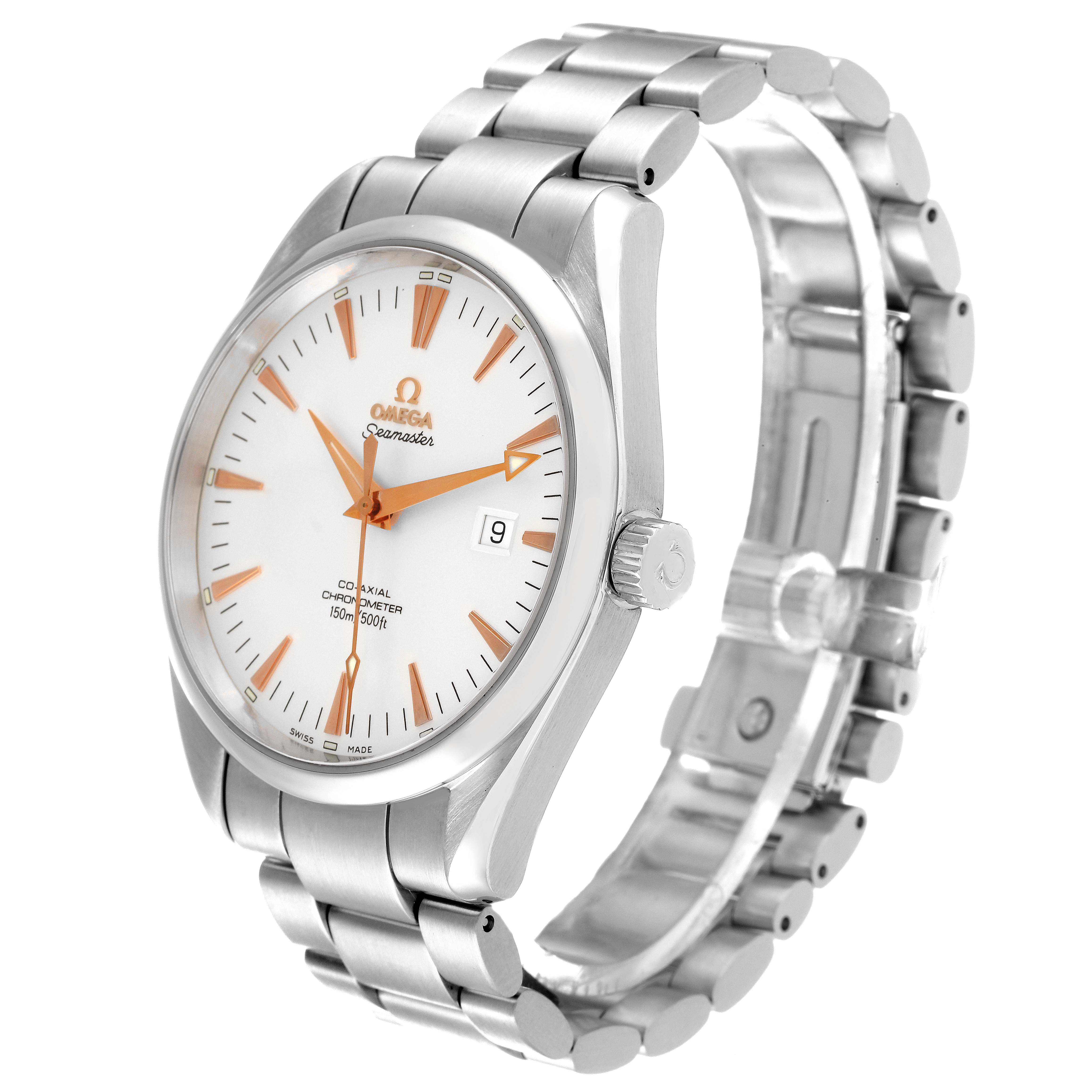 This image shows an Omega Aqua Terra 2502.34.00 Men
s Stainless Steel Silver Dial 2502.34.00 Men
s Stainless Steel Silver Dial watch from a three-quarter angle, highlighting the dial, crown, and metal bracelet.