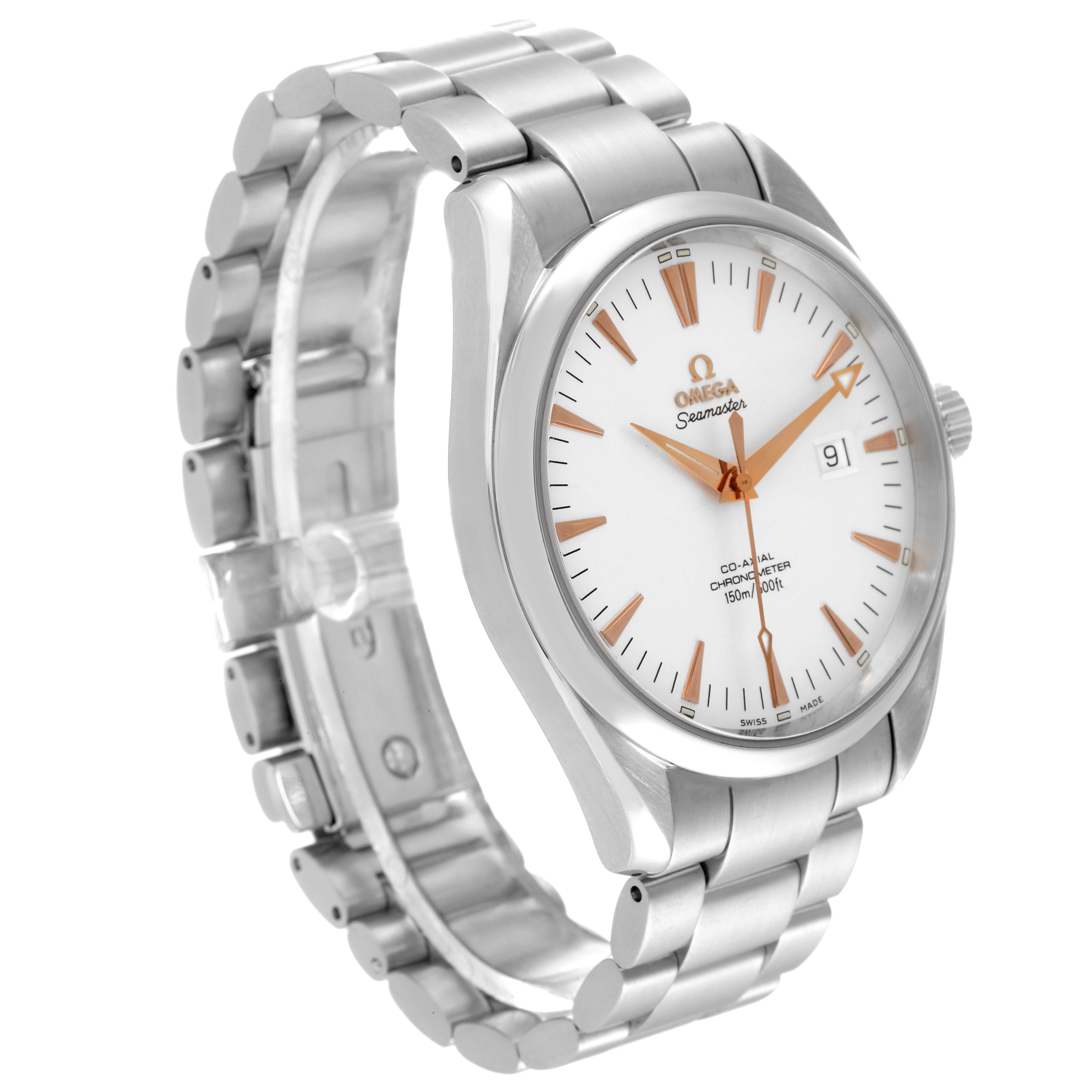 The Omega Aqua Terra 2502.34.00 Men
s Stainless Steel Silver Dial 2502.34.00 Men
s Stainless Steel Silver Dial watch is shown at a slight angle from the front, displaying its face, bracelet, and case.