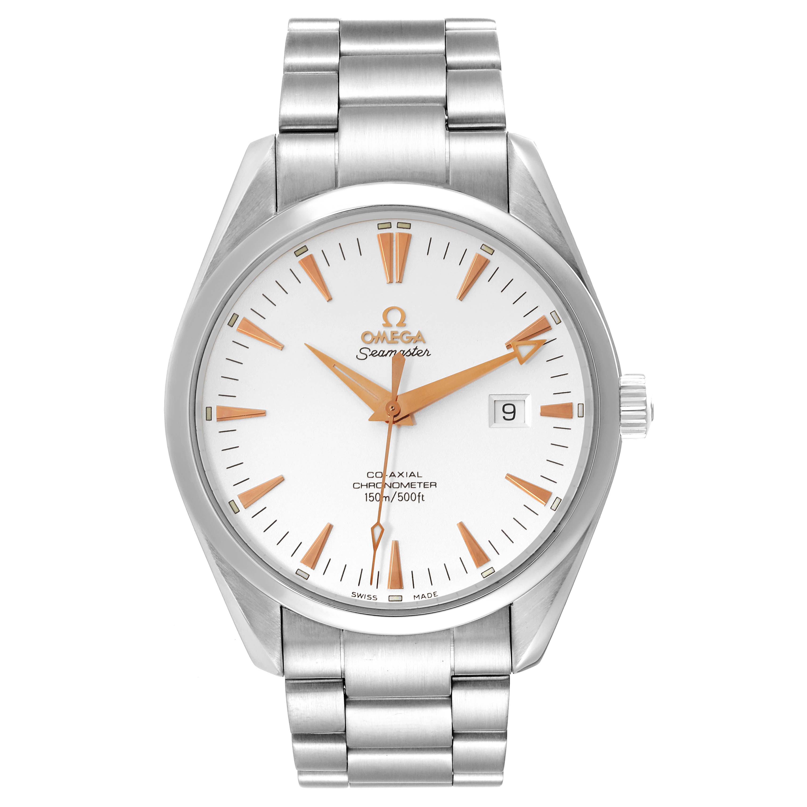 The image shows the front view of the Omega Aqua Terra 2502.34.00 Men
s Stainless Steel Silver Dial 2502.34.00 Men
s Stainless Steel Silver Dial watch, highlighting its white dial, orange indices, and stainless steel bracelet.