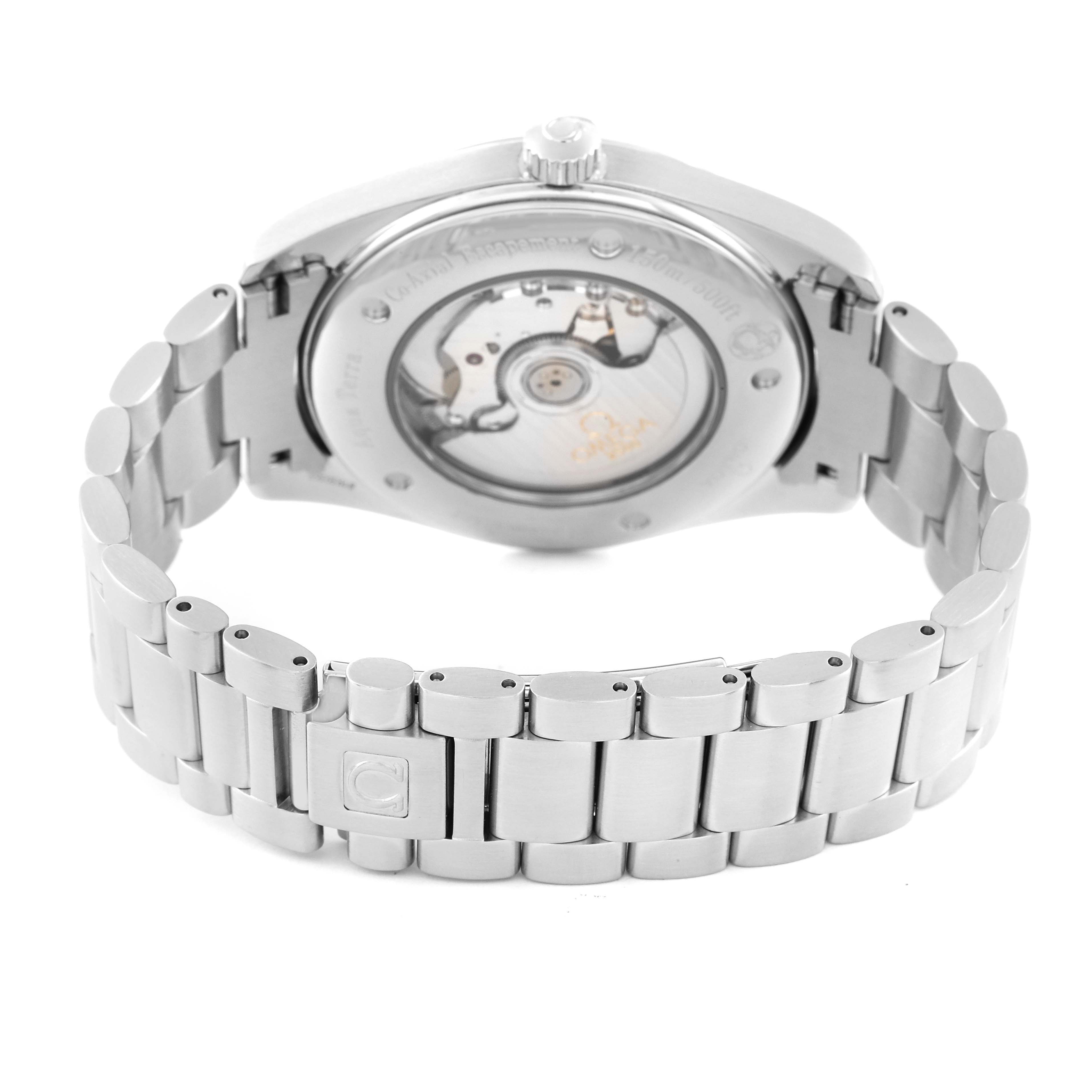 The image shows the back view of the Omega Aqua Terra 2502.34.00 Men
s Stainless Steel Silver Dial 2502.34.00 Men
s Stainless Steel Silver Dial watch, highlighting its stainless steel bracelet and exposed movement.