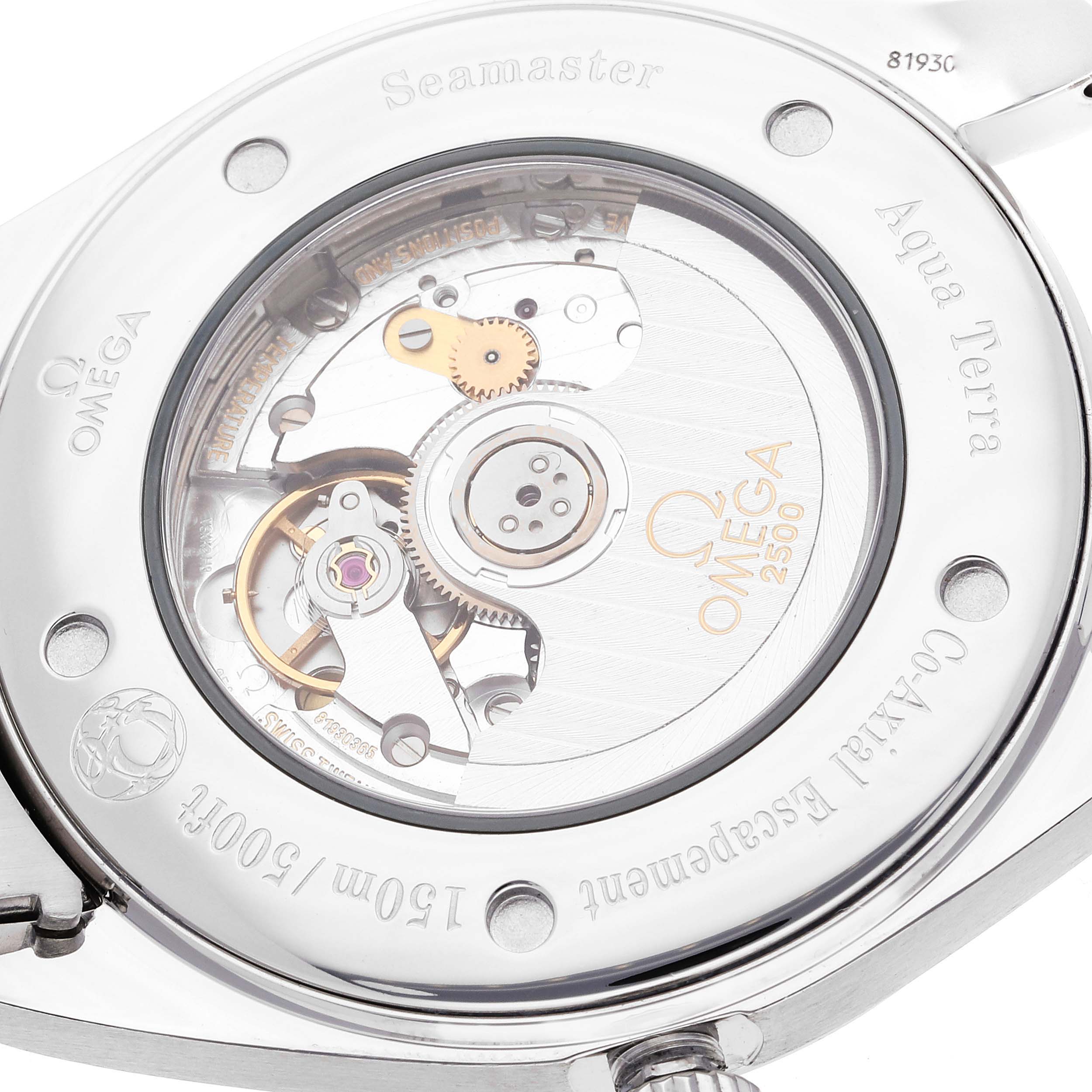 This image shows the rear view of the Omega Aqua Terra 2502.34.00 Men
s Stainless Steel Silver Dial 2502.34.00 Men
s Stainless Steel Silver Dial Seamaster watch, highlighting its internal mechanism.