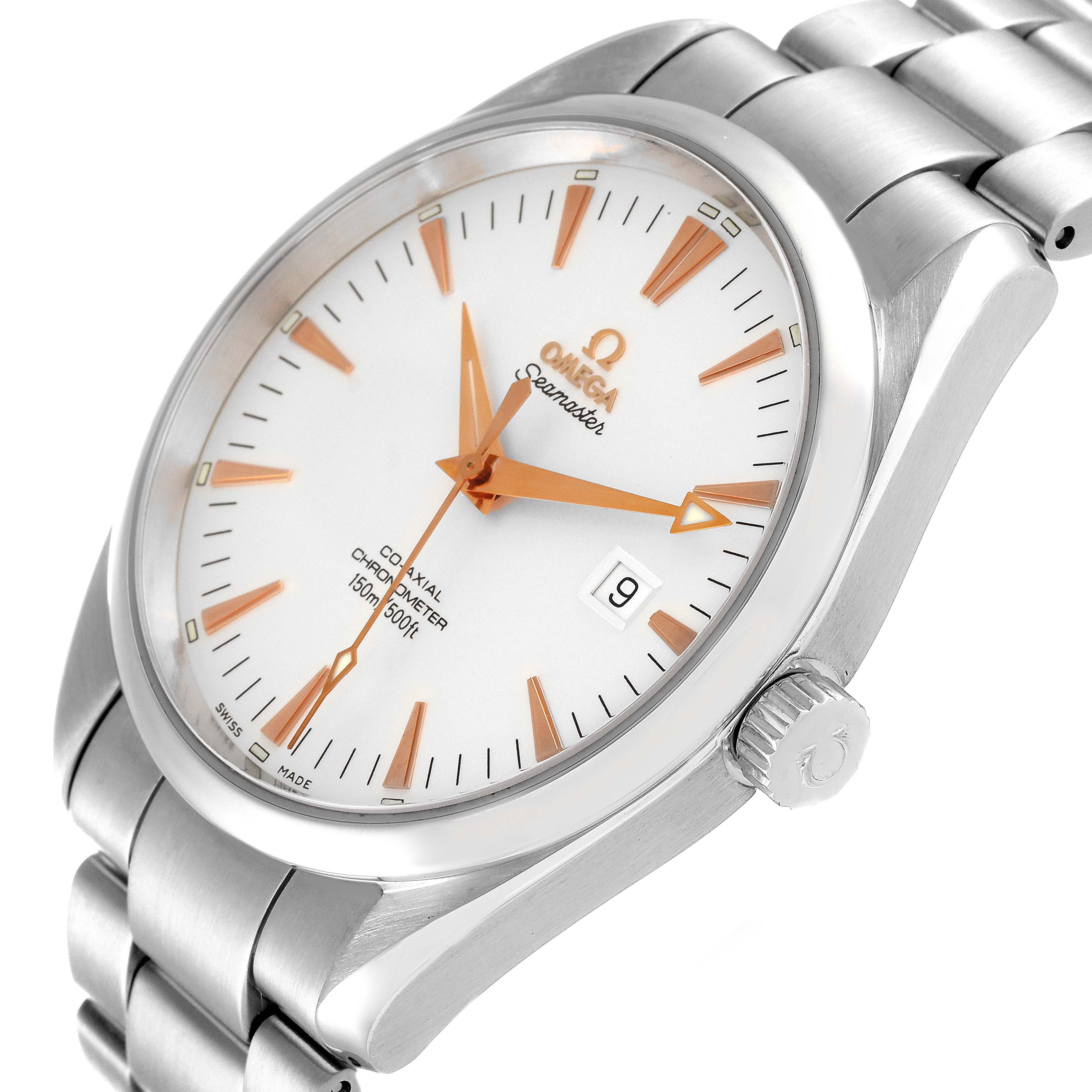 The image shows a close-up, angled view of the Omega Aqua Terra 2502.34.00 Men
s Stainless Steel Silver Dial 2502.34.00 Men
s Stainless Steel Silver Dial watch, highlighting the dial, crown, and metal bracelet.