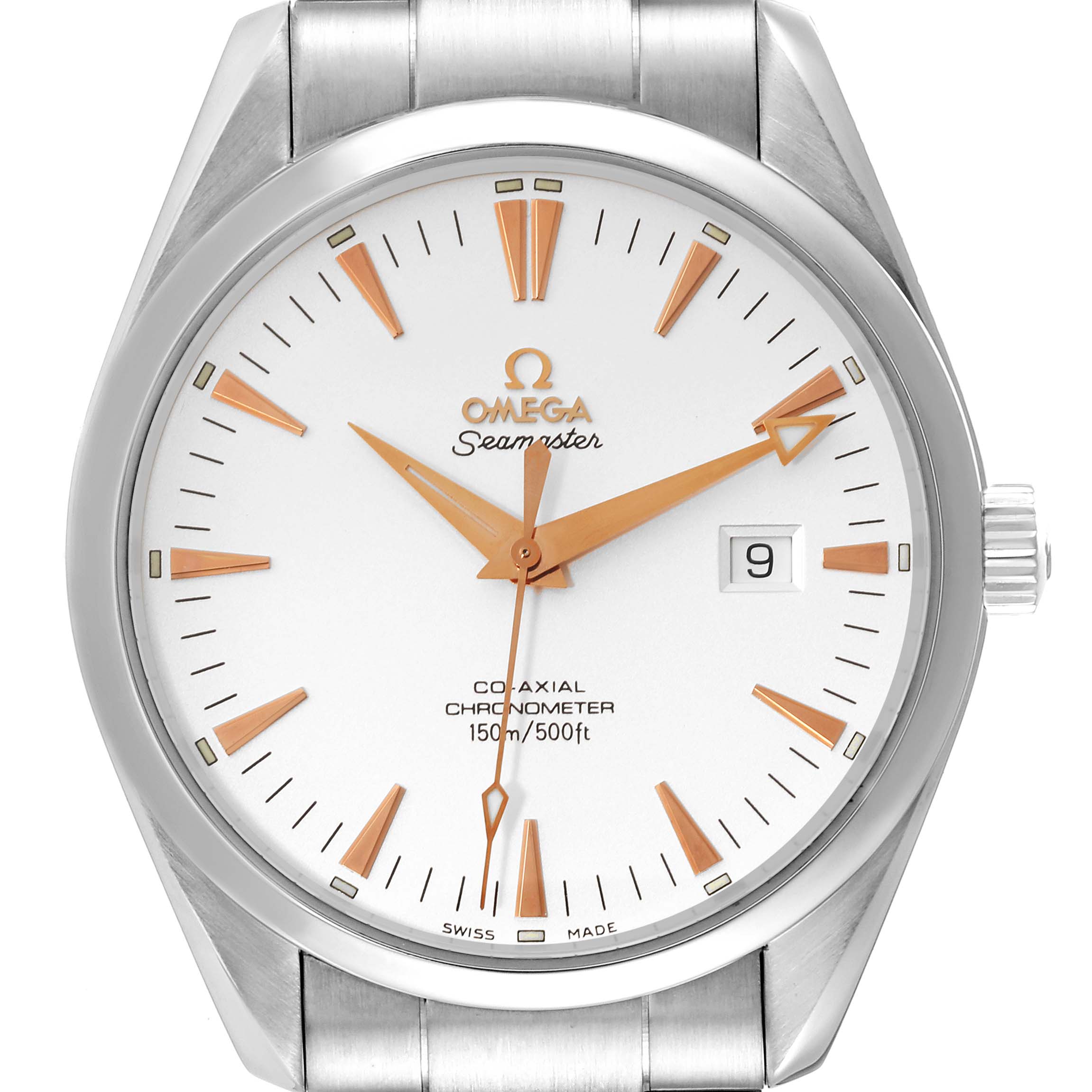 The image shows a front view of the Omega Aqua Terra 2502.34.00 Men
s Stainless Steel Silver Dial 2502.34.00 Men
s Stainless Steel Silver Dial Seamaster watch face and part of its stainless steel band.