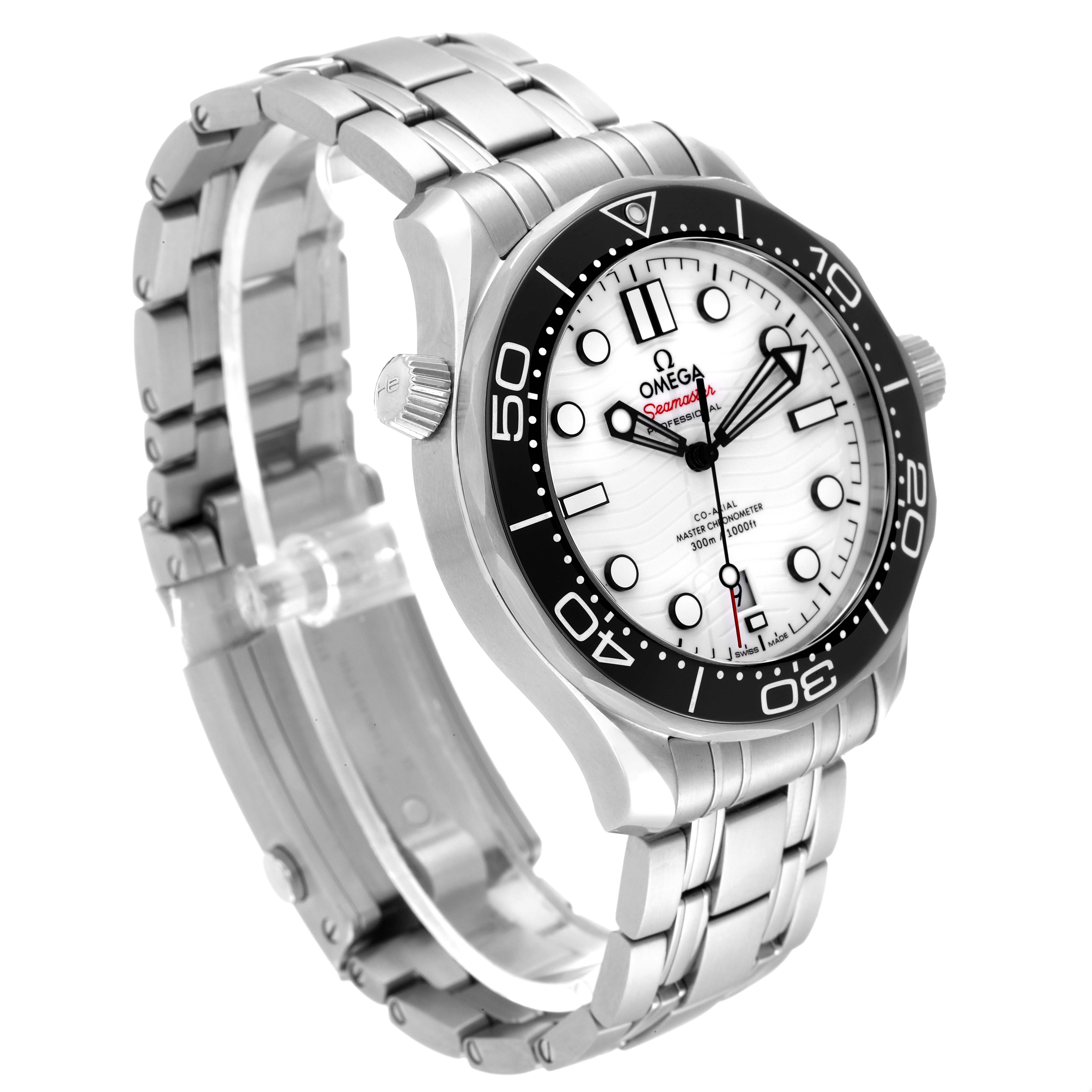 The Omega Seamaster 210.30.42.20.04.001 Men's Stainless Steel White Dial 210.30.42.20.04.001 Men's Stainless Steel White Dial watch is shown at a front angle, highlighting the face, bezel, and bracelet.