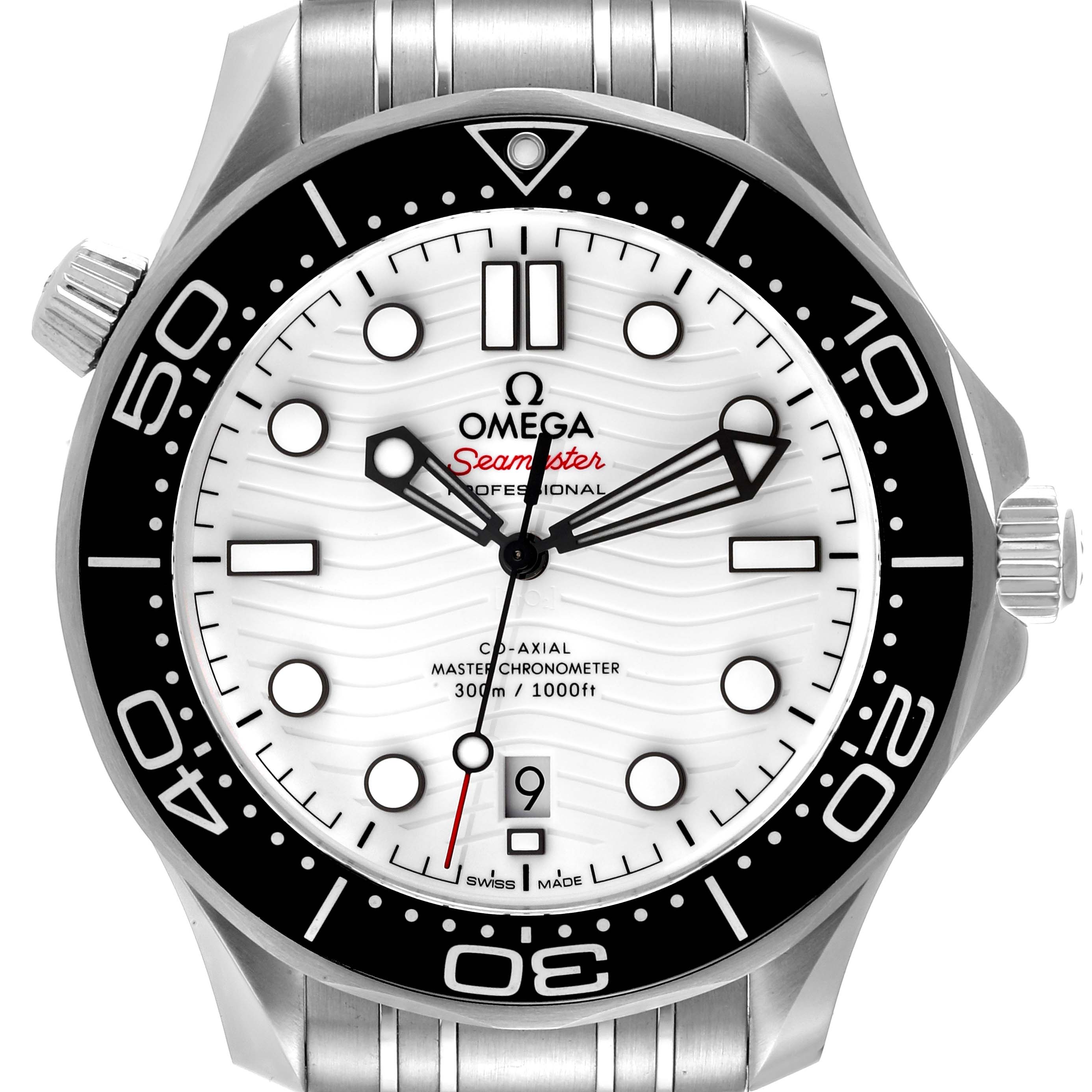 The image shows a front view of the Omega Seamaster 210.30.42.20.04.001 Men's Stainless Steel White Dial 210.30.42.20.04.001 Men's Stainless Steel White Dial watch, displaying its dial, bezel, and part of the bracelet.