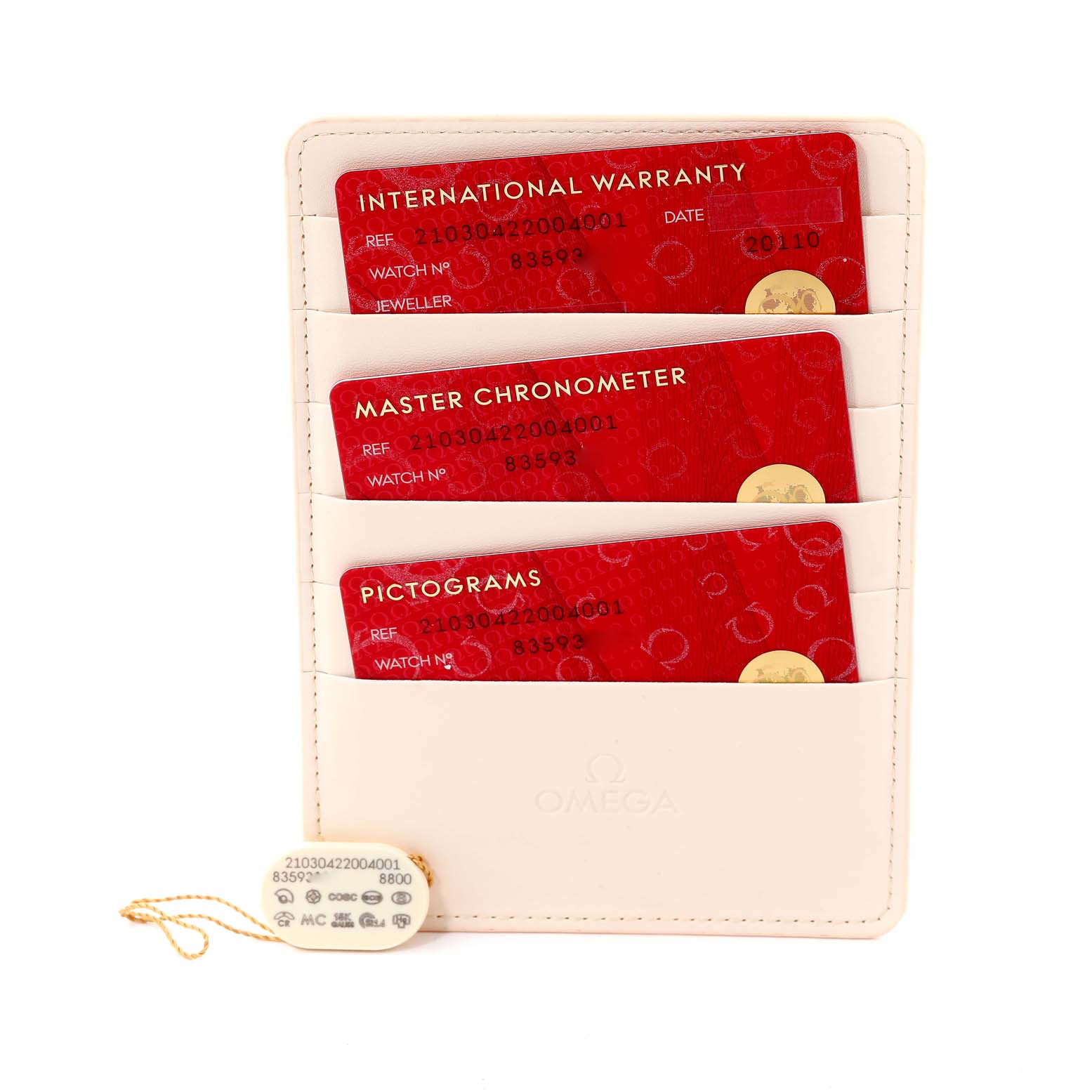 The image shows the warranty cards and tags for an Omega Seamaster 210.30.42.20.04.001 Men's Stainless Steel White Dial 210.30.42.20.04.001 Men's Stainless Steel White Dial watch.