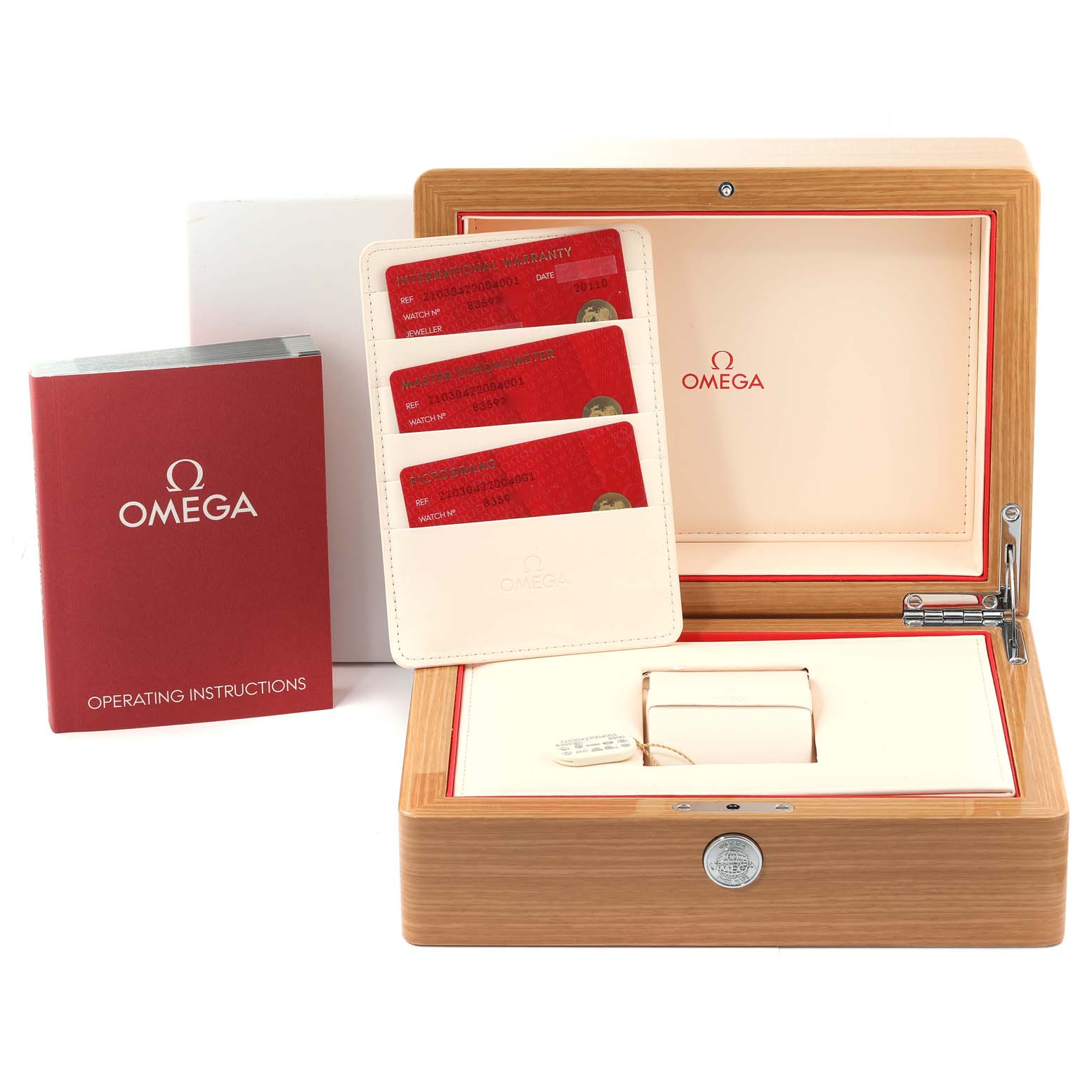 The image shows an Omega Seamaster 210.30.42.20.04.001 Men's Stainless Steel White Dial 210.30.42.20.04.001 Men's Stainless Steel White Dial watch's wooden box, warranty cards, and operating instructions.