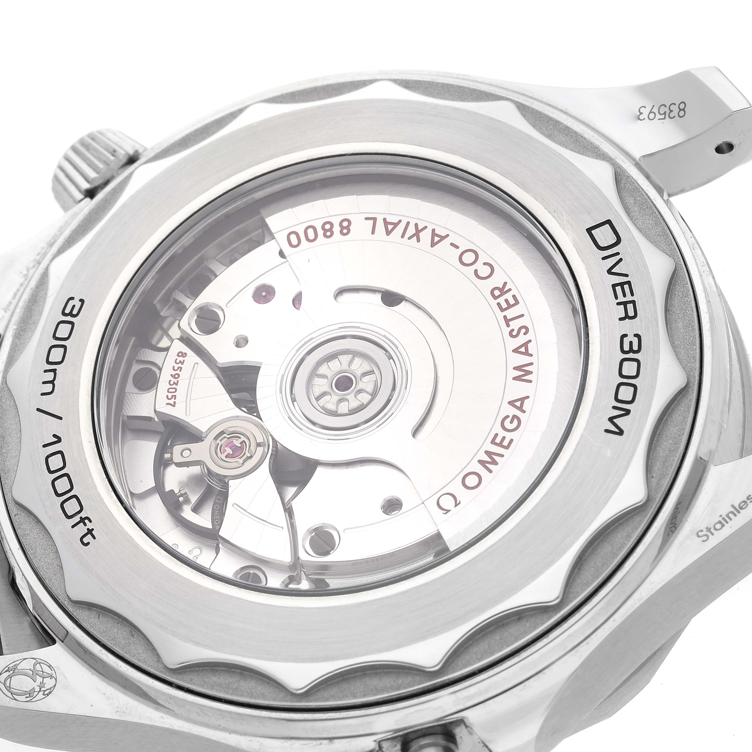 The image shows the case back of the Omega Seamaster 210.30.42.20.04.001 Men's Stainless Steel White Dial 210.30.42.20.04.001 Men's Stainless Steel White Dial Diver 300M, highlighting the 'OMEGA MASTER CO-AXIAL 8800' movement.