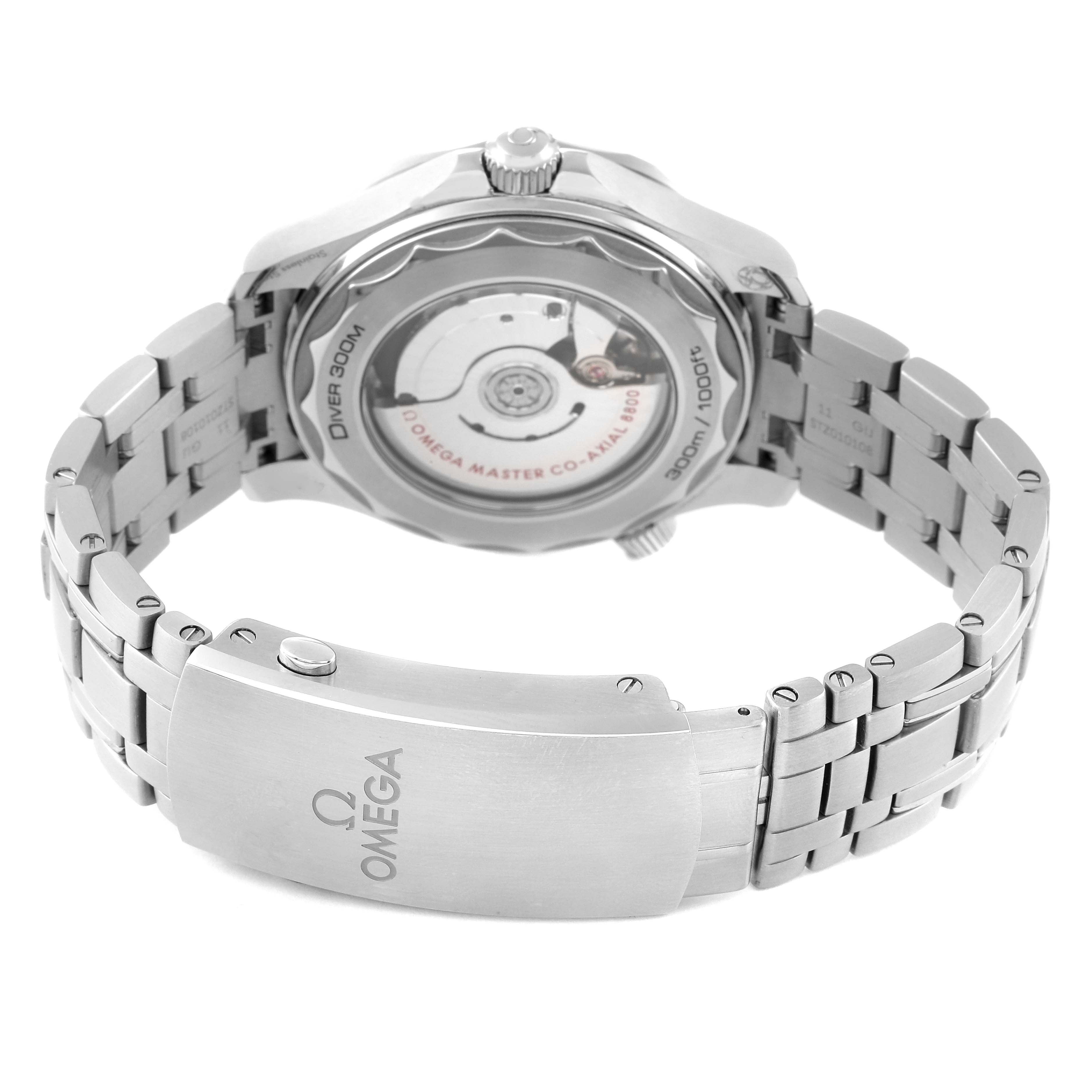 The image shows the back and bracelet of the Omega Seamaster 210.30.42.20.04.001 Men's Stainless Steel White Dial 210.30.42.20.04.001 Men's Stainless Steel White Dial watch with its clasp and movement visible.