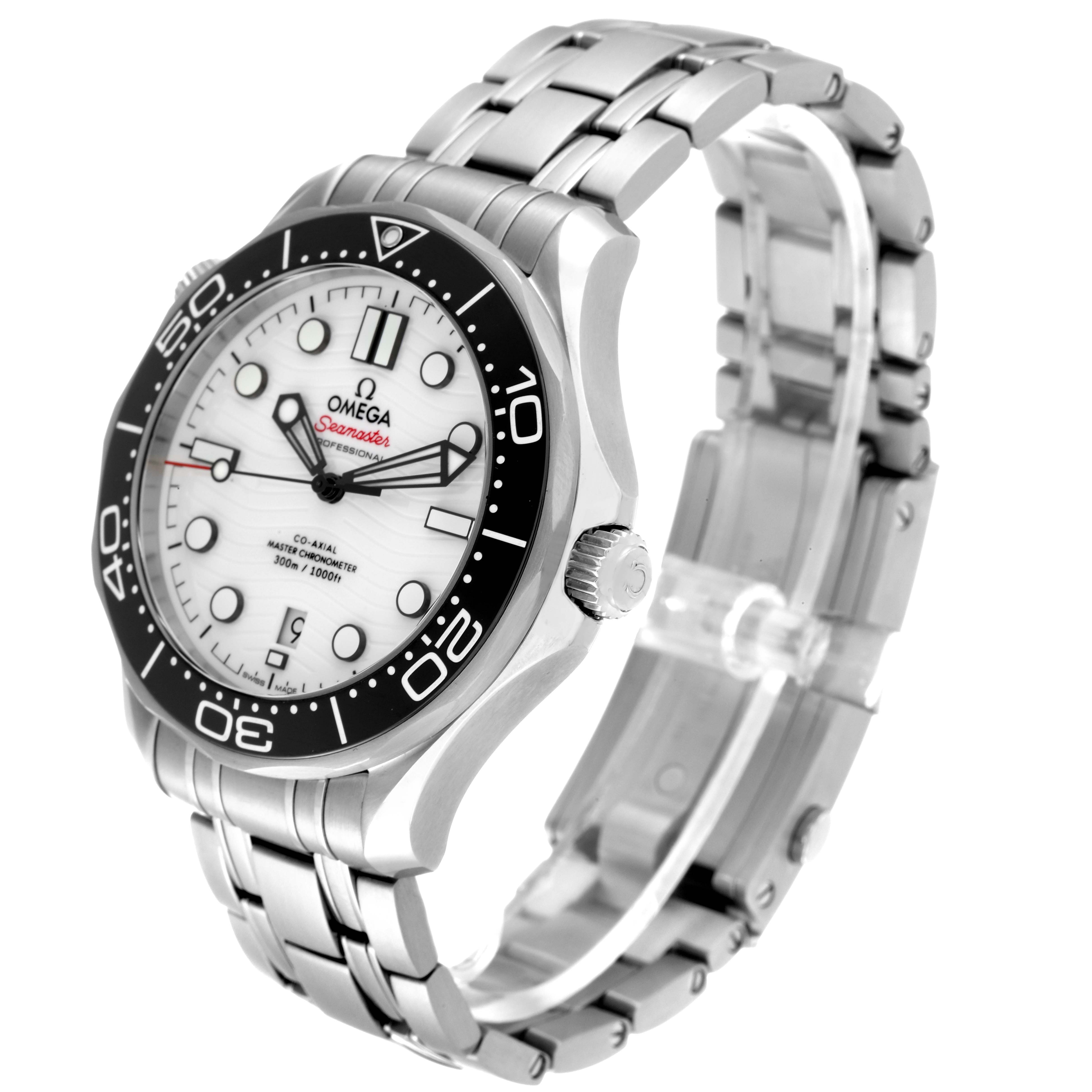 This image shows an Omega Seamaster 210.30.42.20.04.001 Men's Stainless Steel White Dial 210.30.42.20.04.001 Men's Stainless Steel White Dial watch at a 3/4 angle, highlighting the dial, bezel, crown, and metal bracelet.