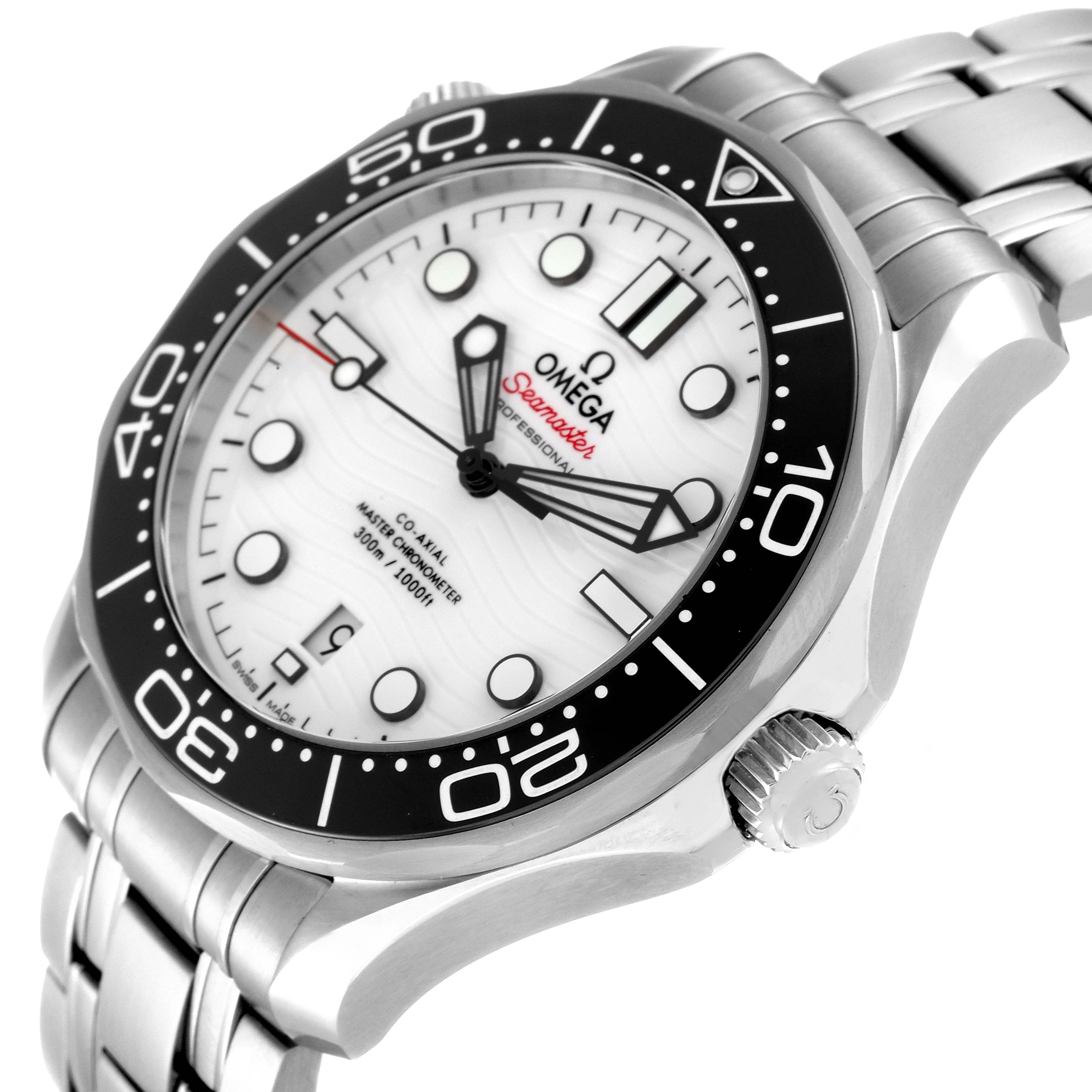 The image shows a side-angle view of an Omega Seamaster 210.30.42.20.04.001 Men's Stainless Steel White Dial 210.30.42.20.04.001 Men's Stainless Steel White Dial watch, highlighting its dial, bezel, crown, and bracelet.