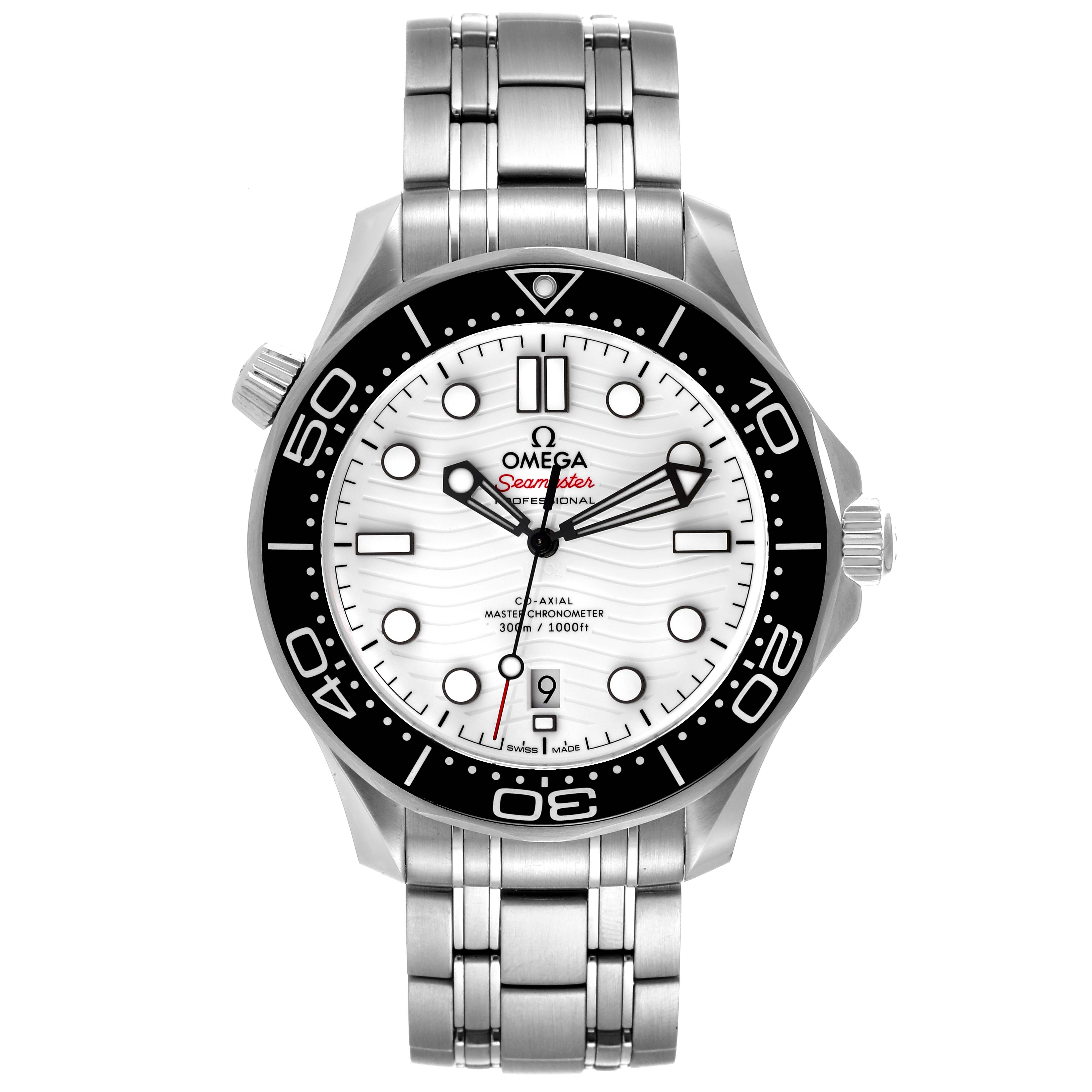 The image shows a frontal view of the Omega Seamaster 210.30.42.20.04.001 Men's Stainless Steel White Dial 210.30.42.20.04.001 Men's Stainless Steel White Dial watch, displaying its dial, bezel, and bracelet.