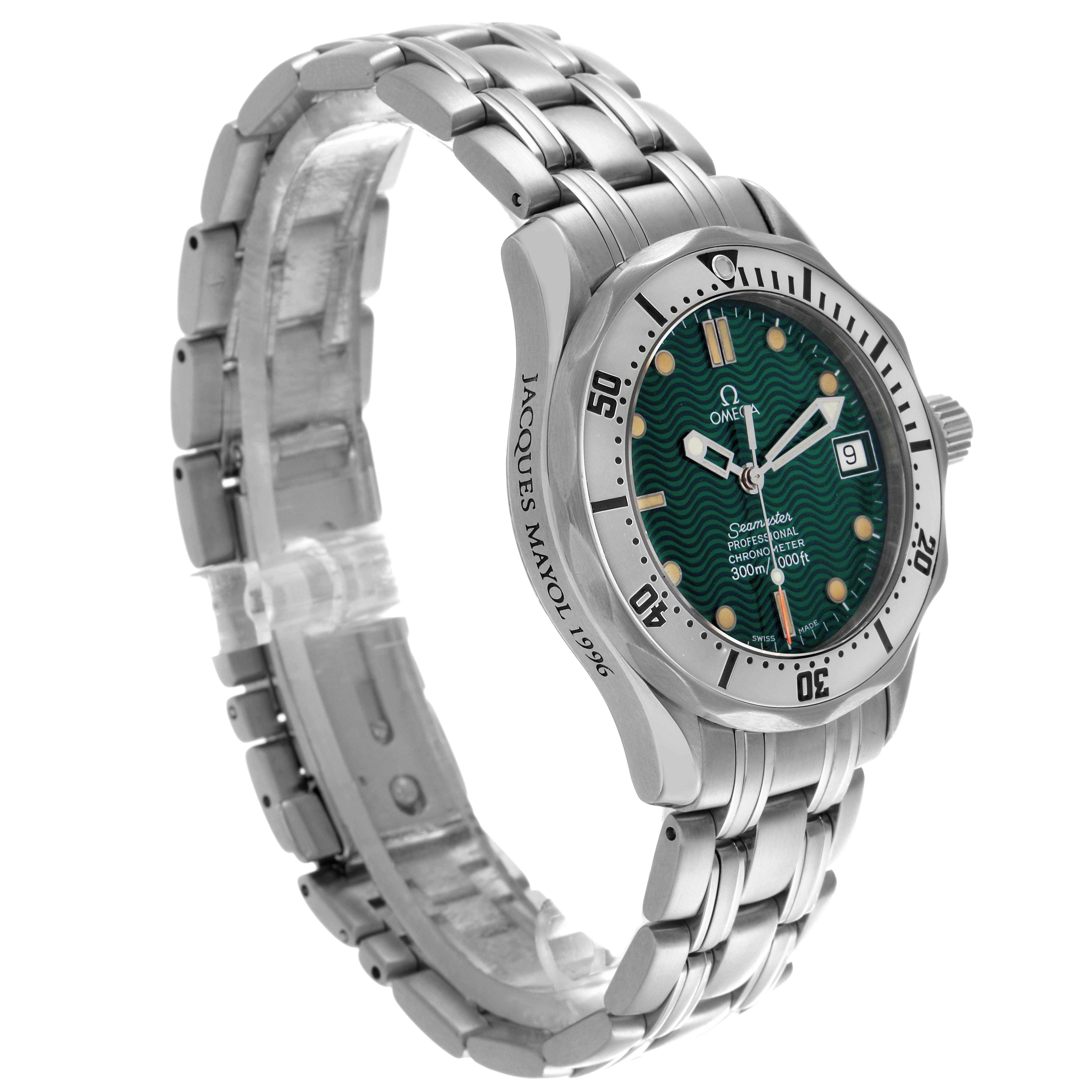 The Omega Seamaster 2553.41.00 Men's Stainless Steel Green Dial 2553.41.00 Men's Stainless Steel Green Dial watch is shown at an angled side view, displaying the bracelet, dial, bezel, and case.