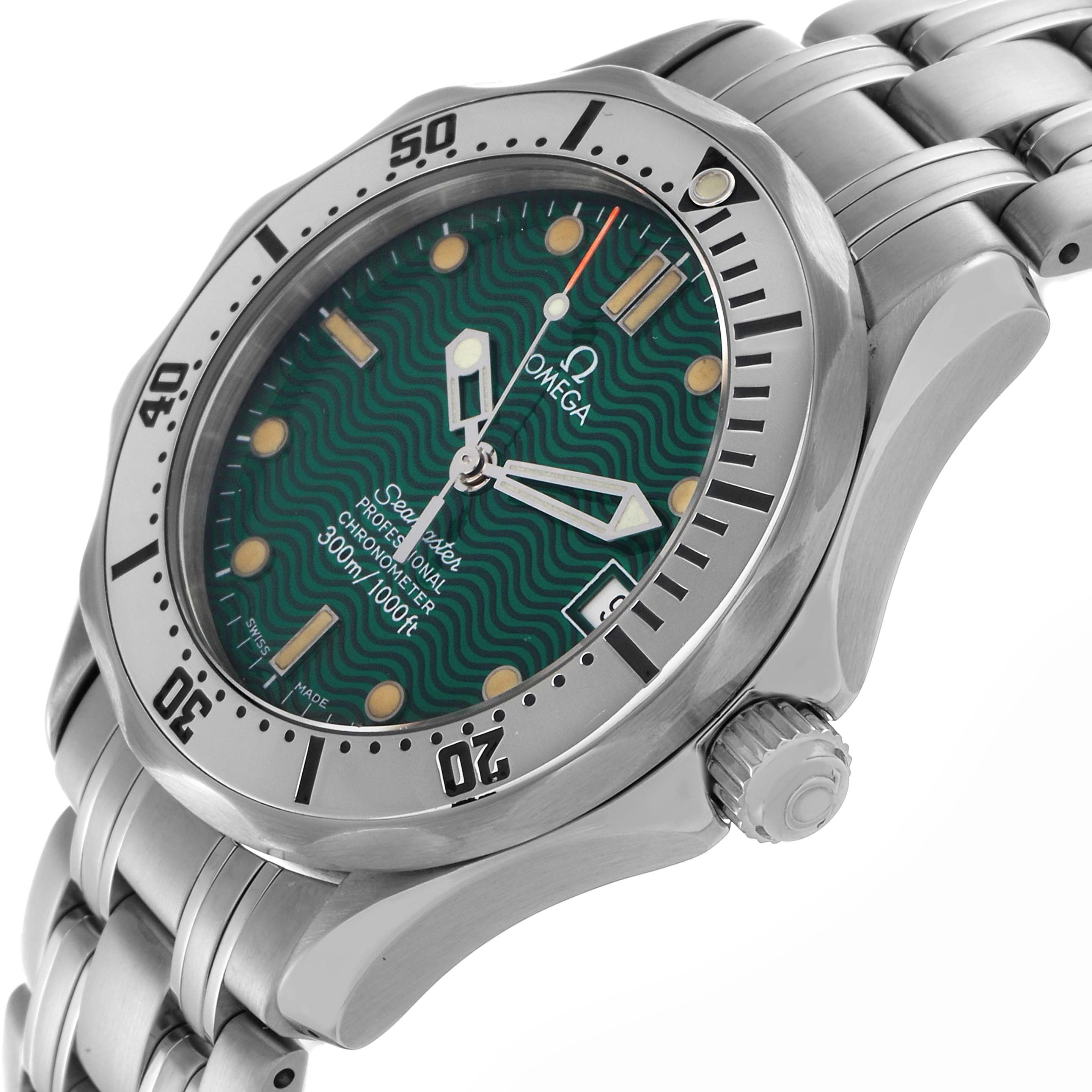 The Omega Seamaster 2553.41.00 Men's Stainless Steel Green Dial 2553.41.00 Men's Stainless Steel Green Dial watch is shown at a slight angle displaying the face, bezel, crown, and part of the bracelet.