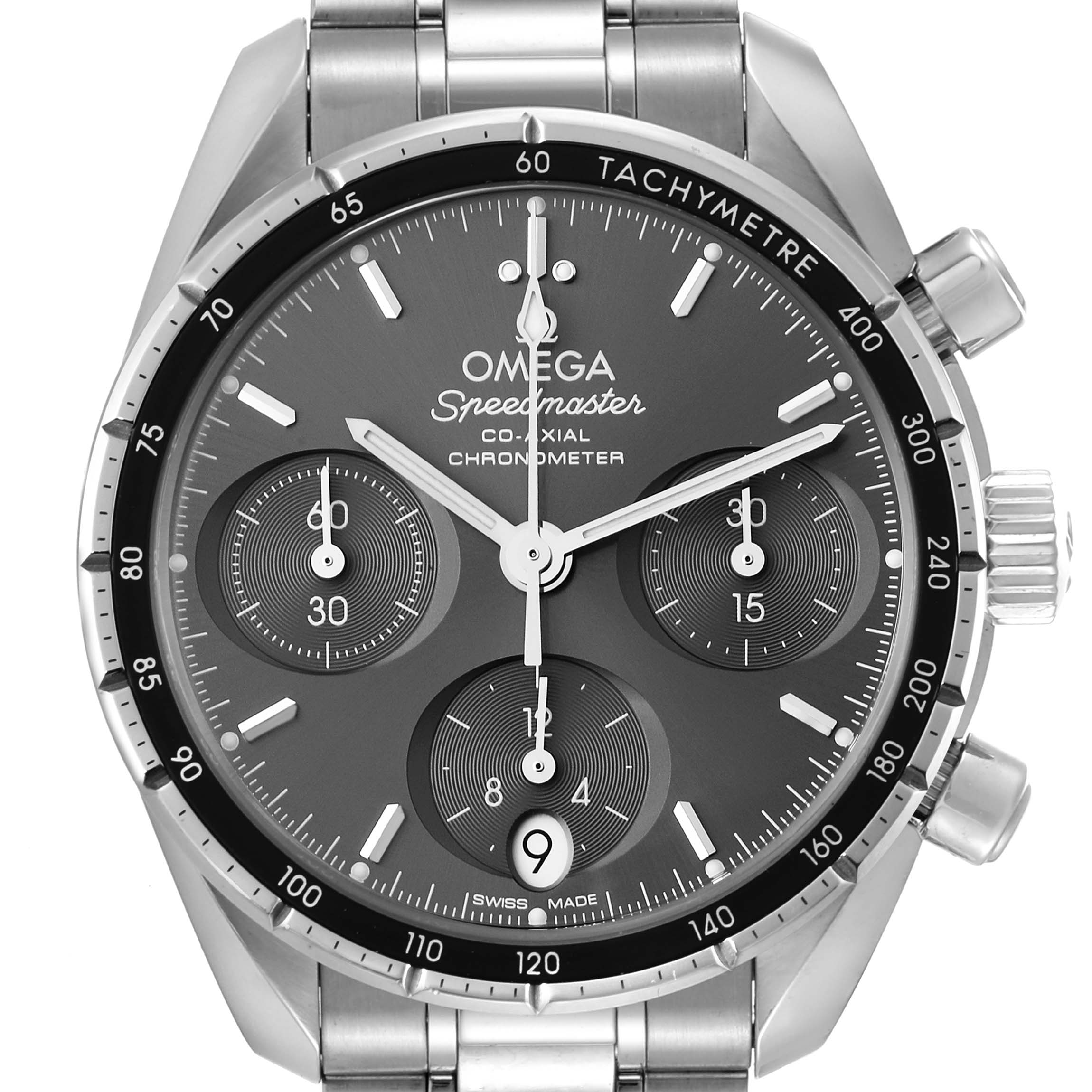 This is a front view of an Omega Speedmaster 324.30.38.50.06.001 Men's Stainless Steel Grey Dial 324.30.38.50.06.001 Men's Stainless Steel Grey Dial watch, showing the dial, tachymeter, chronograph subdials, and date window.