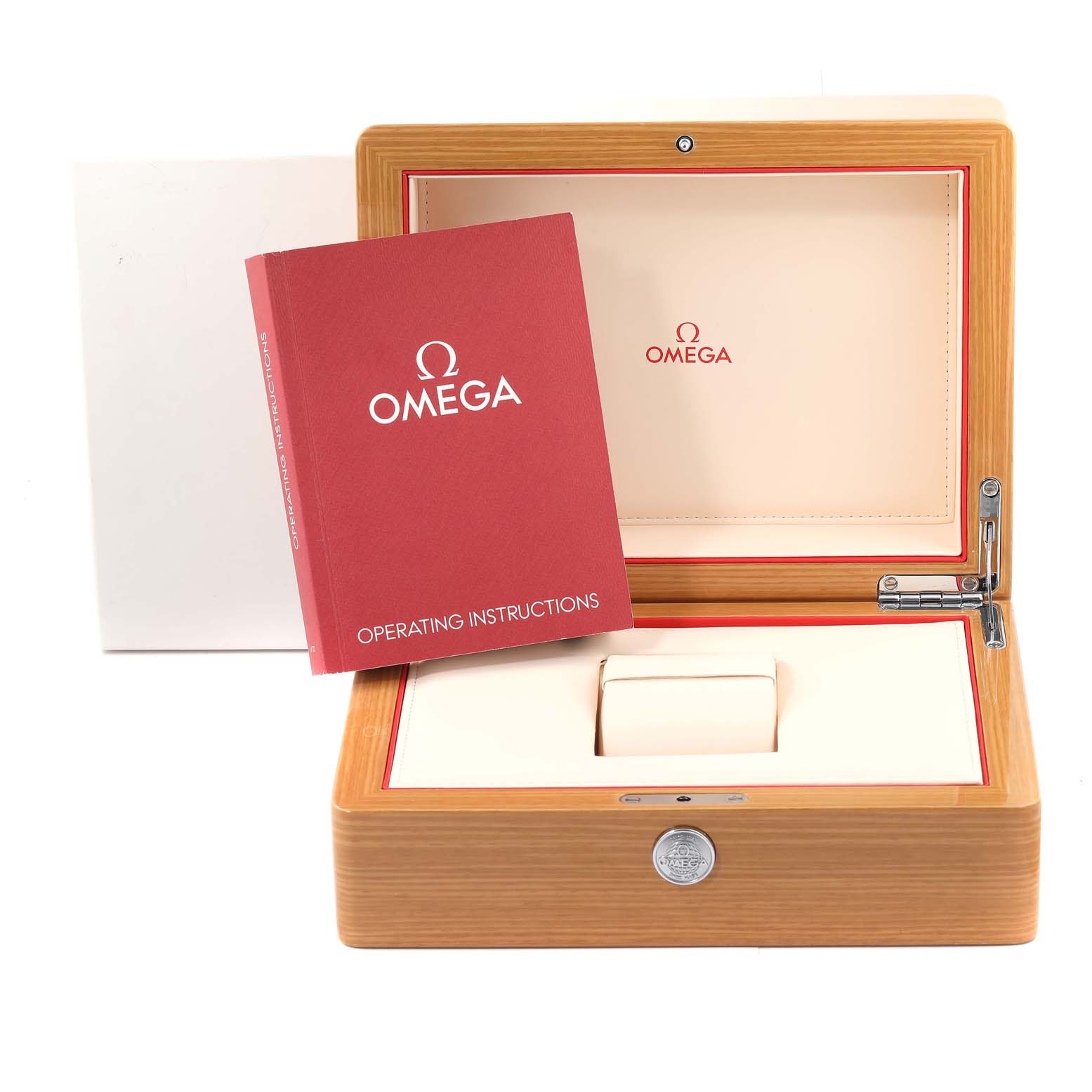 The image shows an open Omega Speedmaster 324.30.38.50.06.001 Men's Stainless Steel Grey Dial 324.30.38.50.06.001 Men's Stainless Steel Grey Dial watch box with the operating instructions booklet placed inside.