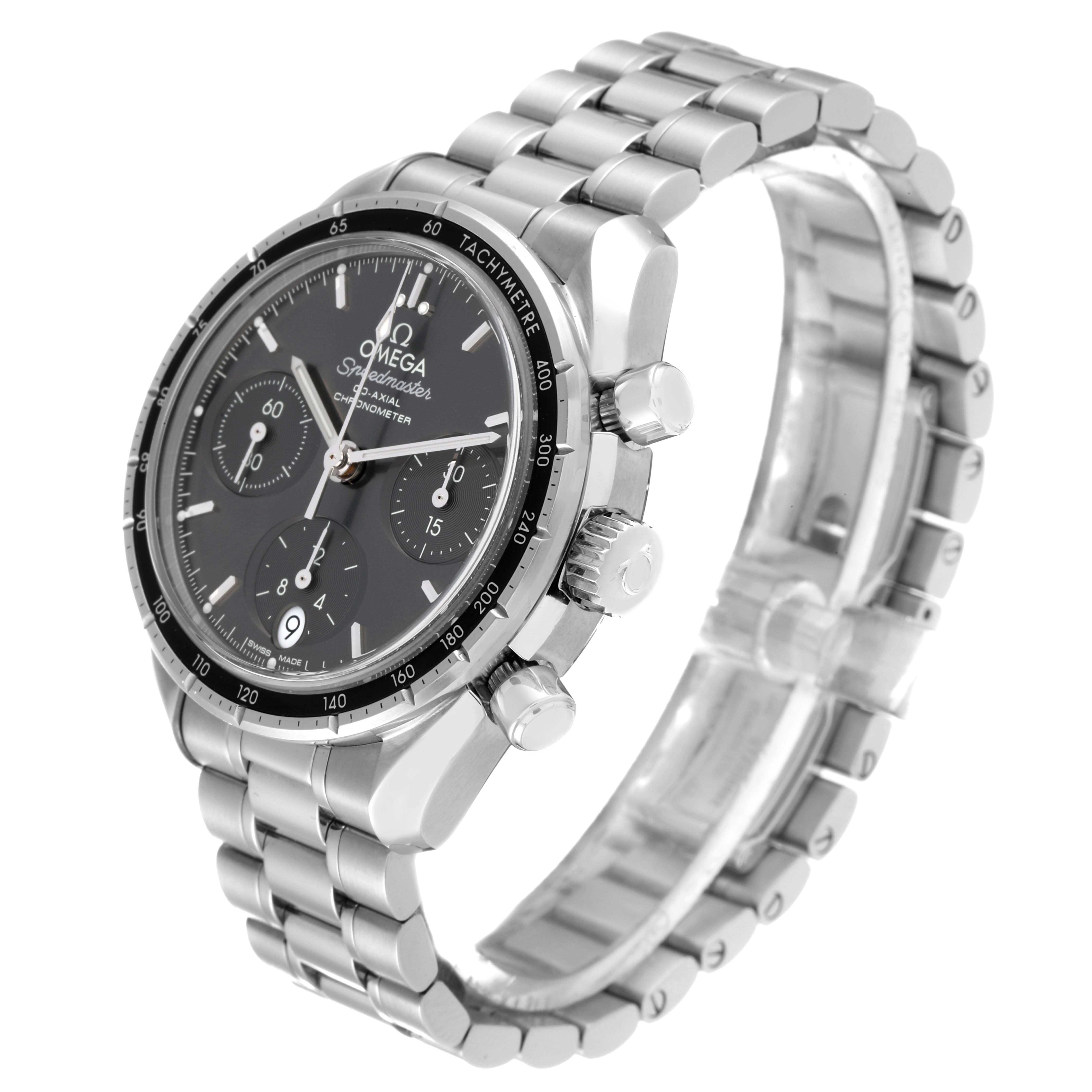 This image shows a side-angle view of the Omega Speedmaster 324.30.38.50.06.001 Men's Stainless Steel Grey Dial 324.30.38.50.06.001 Men's Stainless Steel Grey Dial, highlighting the dial, bezel, pushers, crown, and bracelet.
