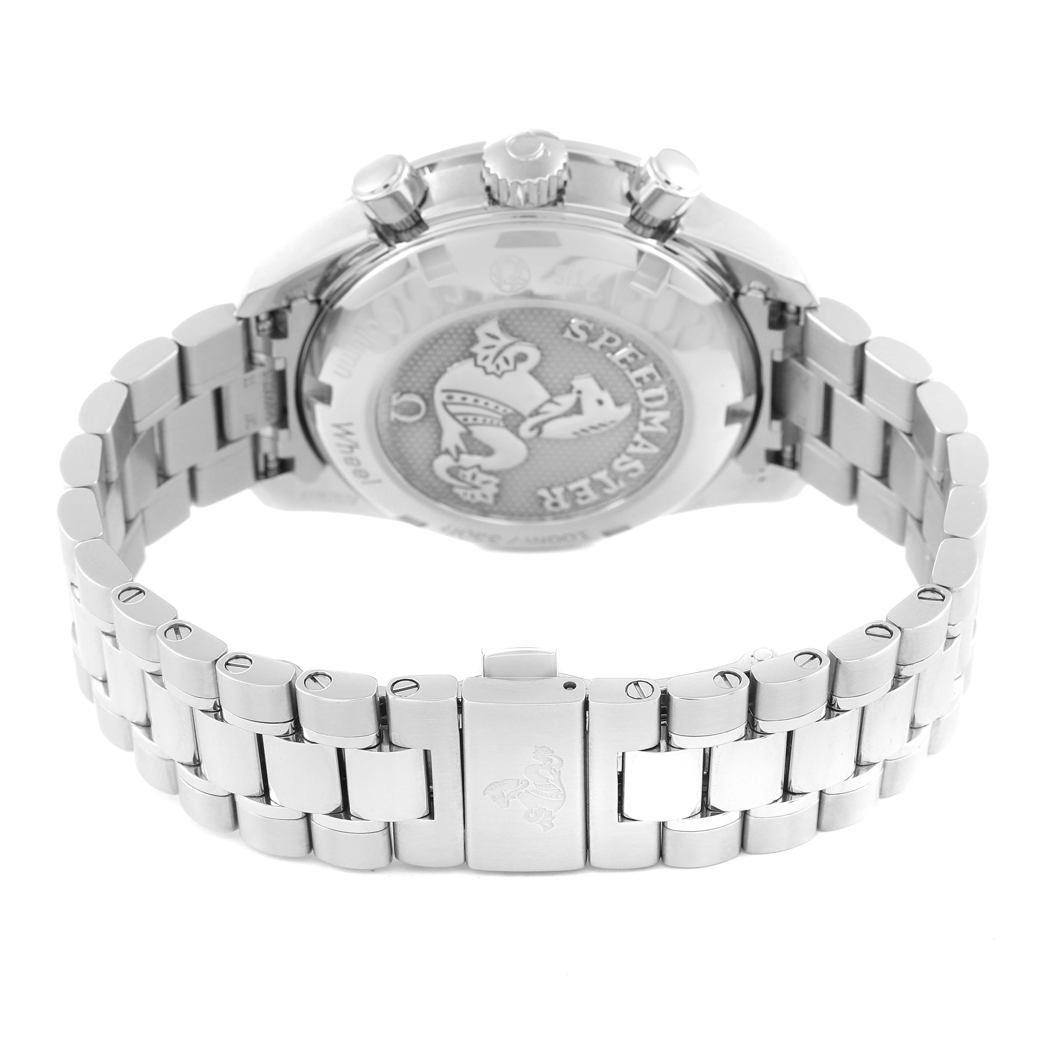 The image shows the back case and bracelet of an Omega Speedmaster 324.30.38.50.06.001 Men's Stainless Steel Grey Dial 324.30.38.50.06.001 Men's Stainless Steel Grey Dial watch from a rear angle.