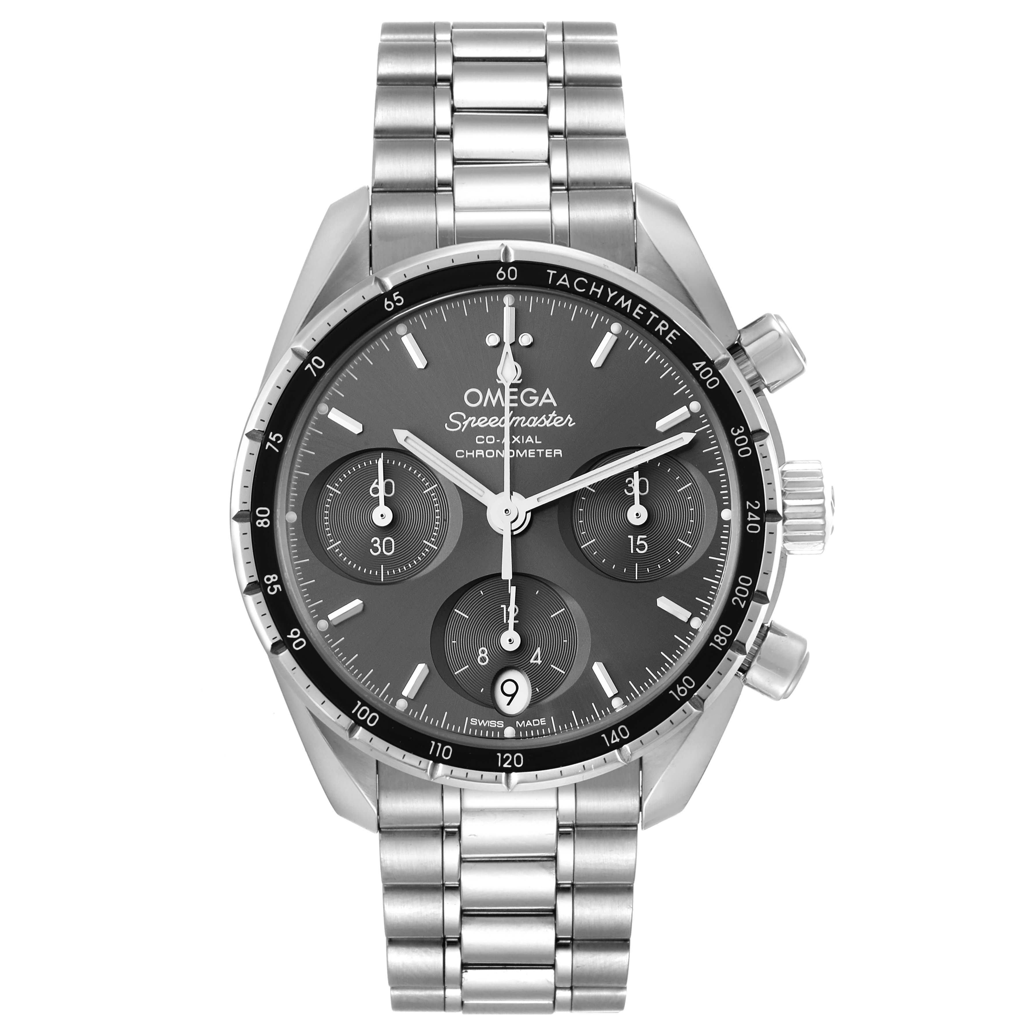 The image shows a front view of an Omega Speedmaster 324.30.38.50.06.001 Men's Stainless Steel Grey Dial 324.30.38.50.06.001 Men's Stainless Steel Grey Dial watch, highlighting the bezel, dial, and stainless steel bracelet.
