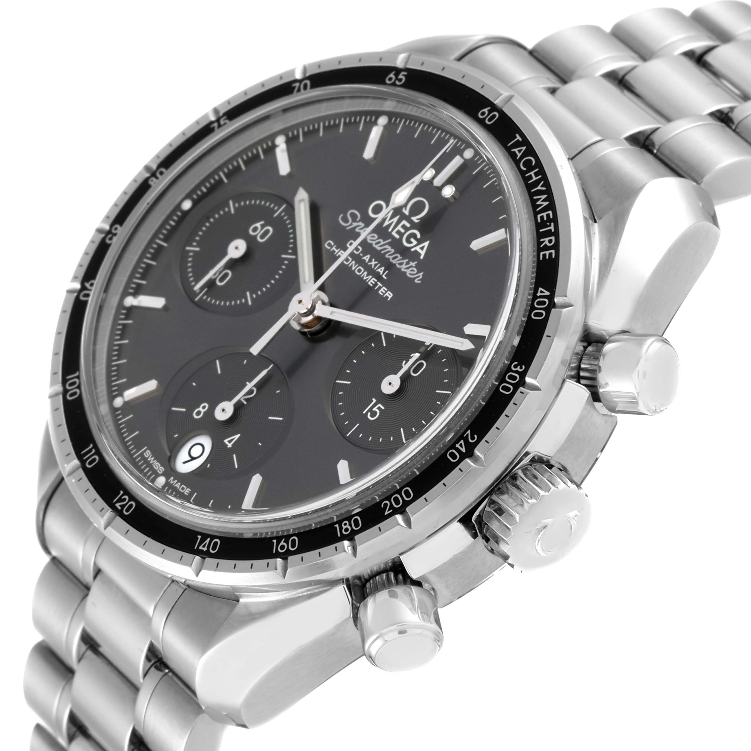 The image shows a close-up, side angle of the Omega Speedmaster 324.30.38.50.06.001 Men's Stainless Steel Grey Dial 324.30.38.50.06.001 Men's Stainless Steel Grey Dial watch, highlighting its dial, crown, pushers, and metal bracelet.