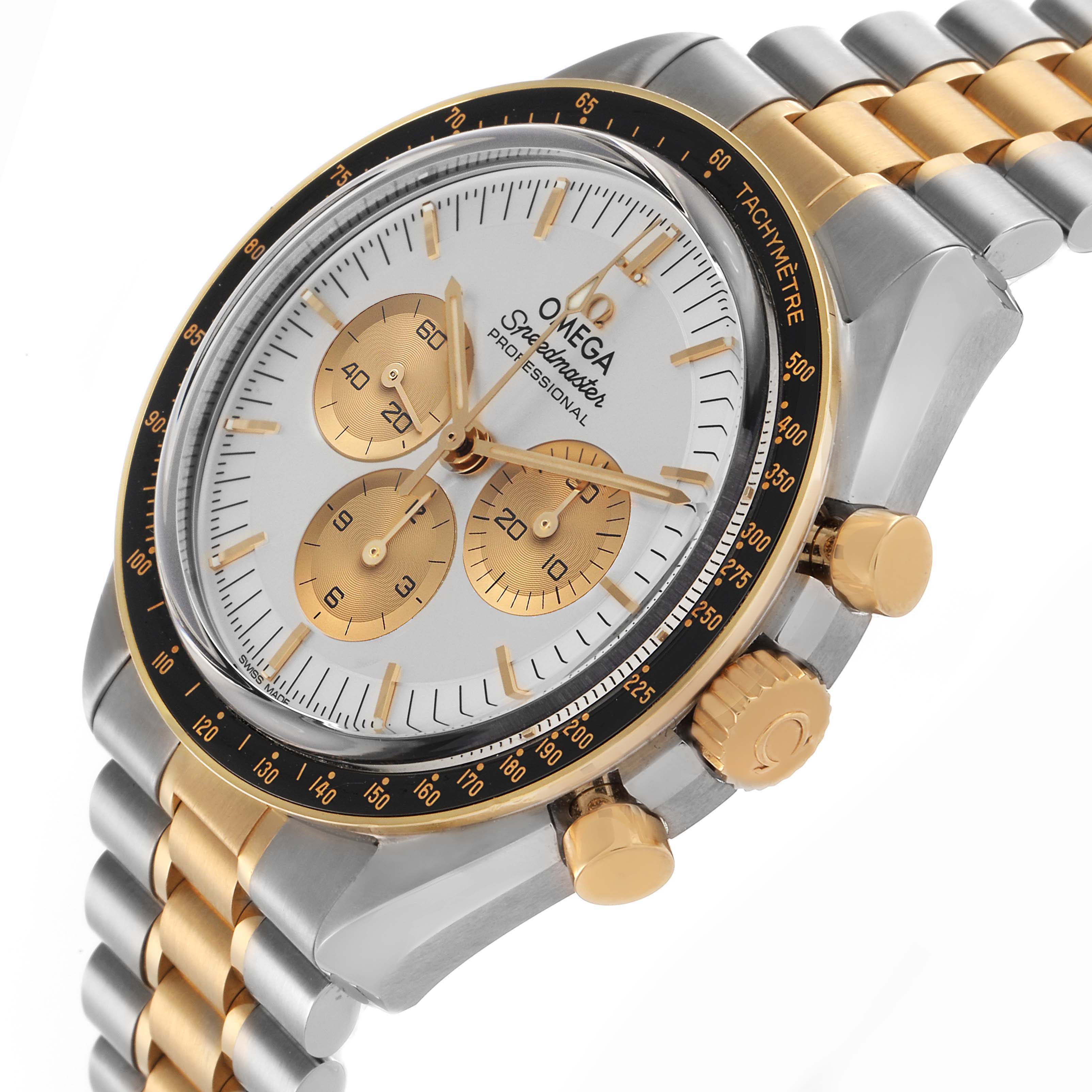 The Omega Speedmaster 310.20.42.50.02.001 Men's Steel and Gold (two tone) Silver Dial 310.20.42.50.02.001 Men's Steel and Gold (two tone) Silver Dial watch is shown at an angled side view, highlighting the dial, tachymeter bezel, and two-tone bracelet.