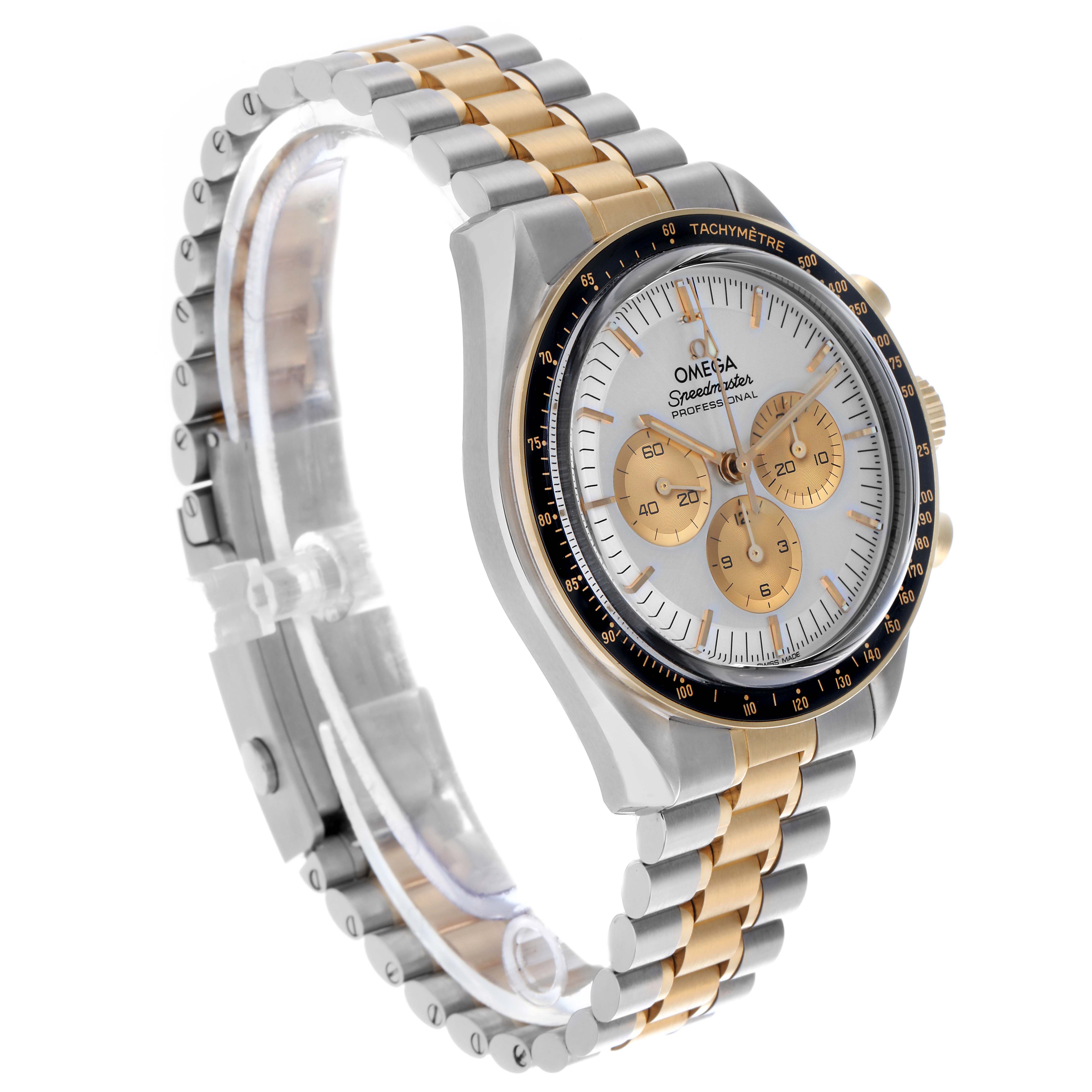 The Omega Speedmaster 310.20.42.50.02.001 Men's Steel and Gold (two tone) Silver Dial 310.20.42.50.02.001 Men's Steel and Gold (two tone) Silver Dial watch is shown at a three-quarter angle, highlighting the face, bezel, and two-tone bracelet.