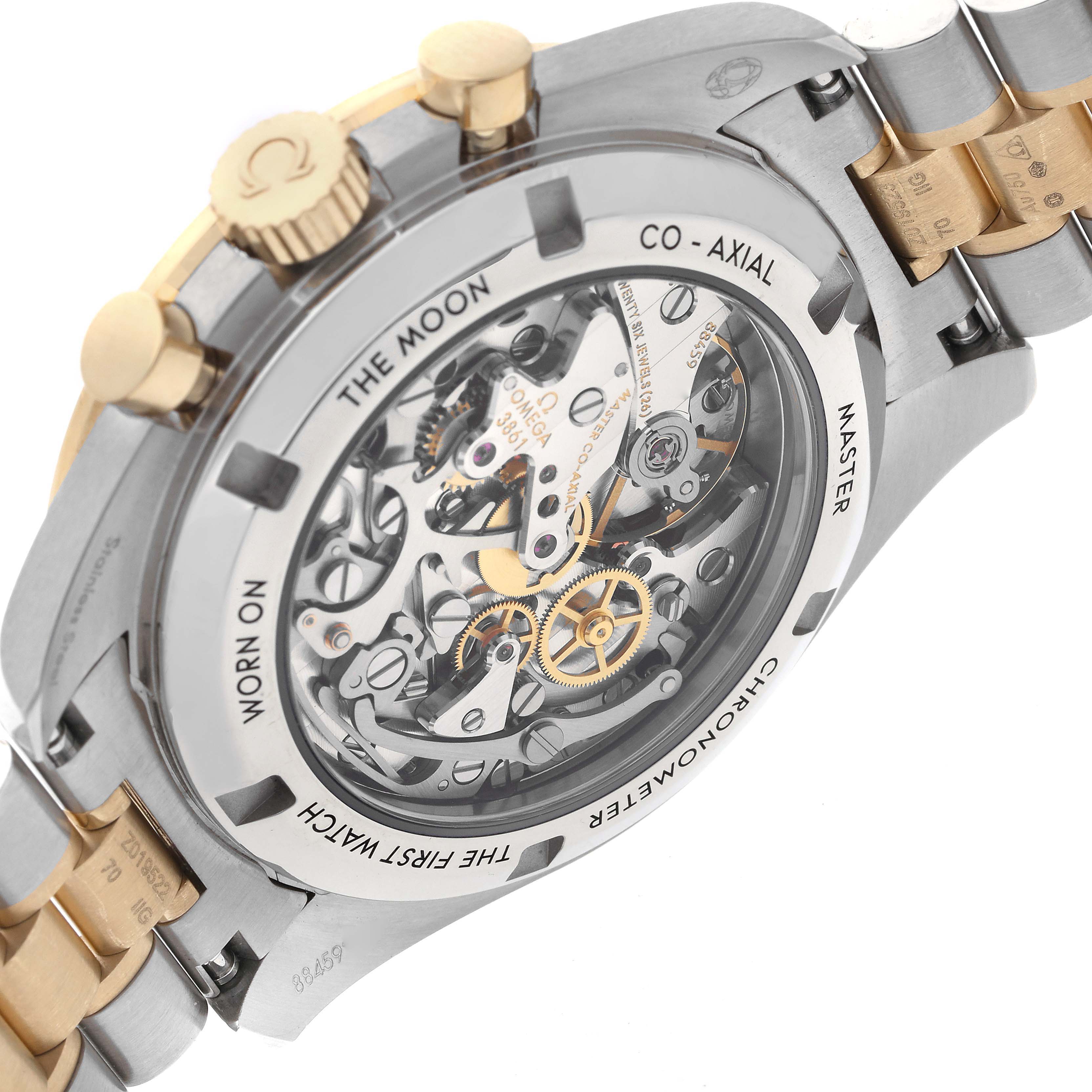 The image shows the back of an Omega Speedmaster 310.20.42.50.02.001 Men's Steel and Gold (two tone) Silver Dial 310.20.42.50.02.001 Men's Steel and Gold (two tone) Silver Dial watch, highlighting the intricate movement and case details.