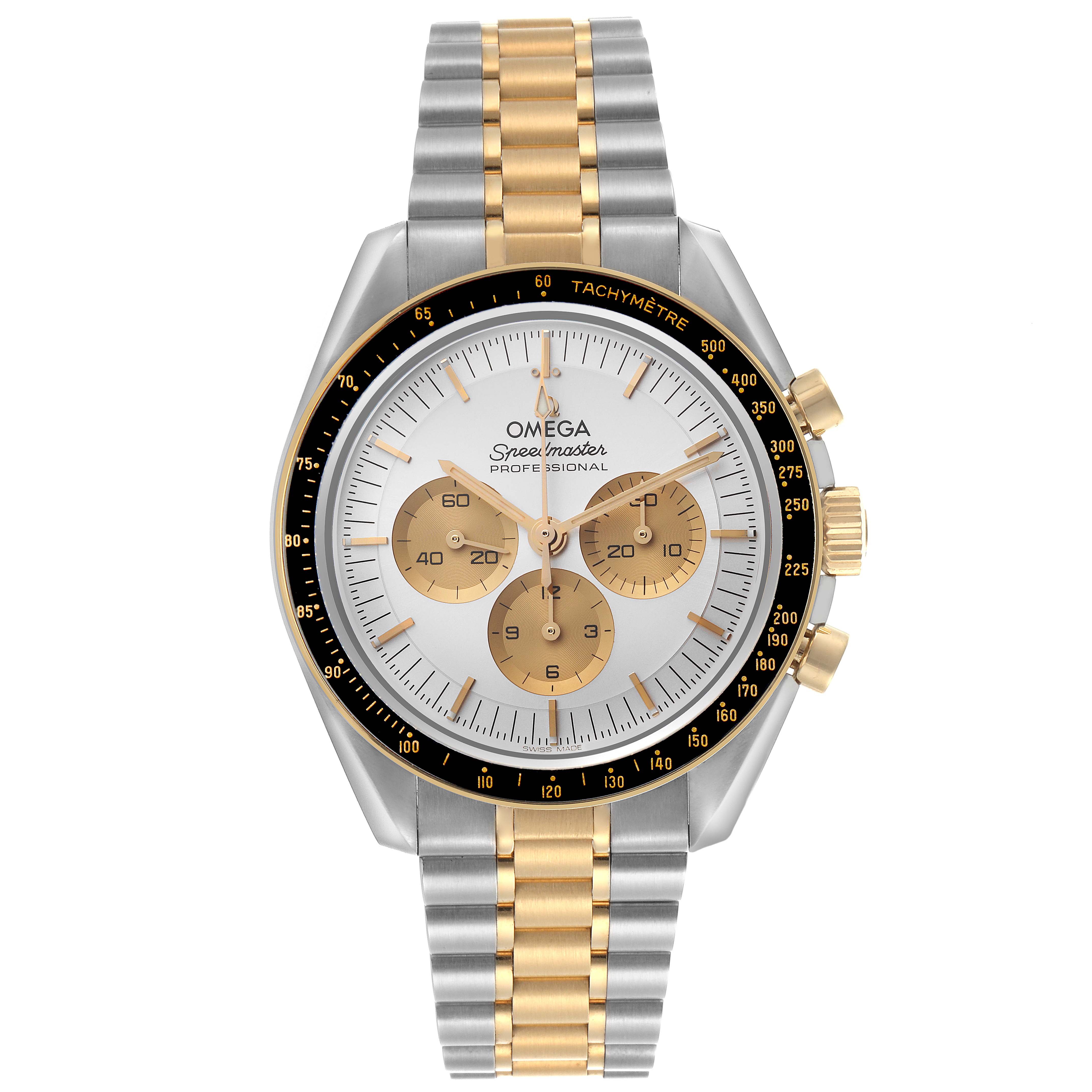 The Omega Speedmaster 310.20.42.50.02.001 Men's Steel and Gold (two tone) Silver Dial 310.20.42.50.02.001 Men's Steel and Gold (two tone) Silver Dial watch is shown from a front angle, featuring a two-tone bracelet and chronograph subdials.